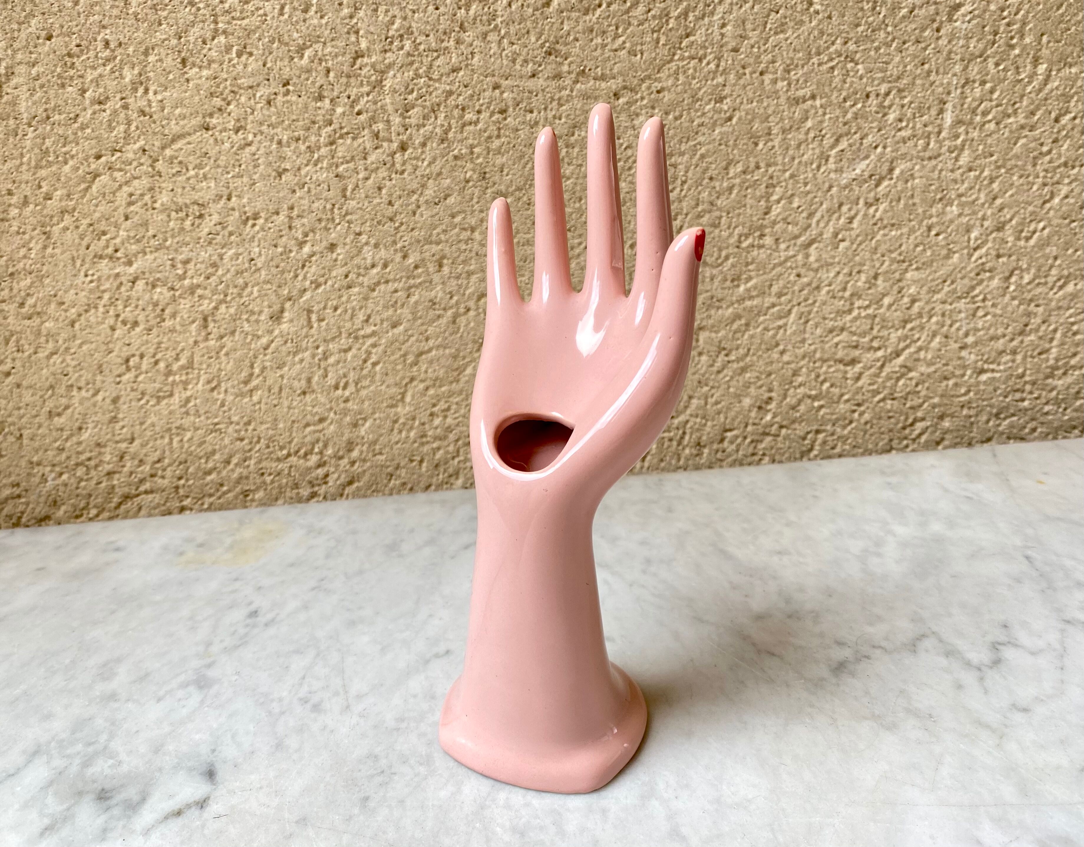 Vase baguier hand ceramic vintage pink 70s
