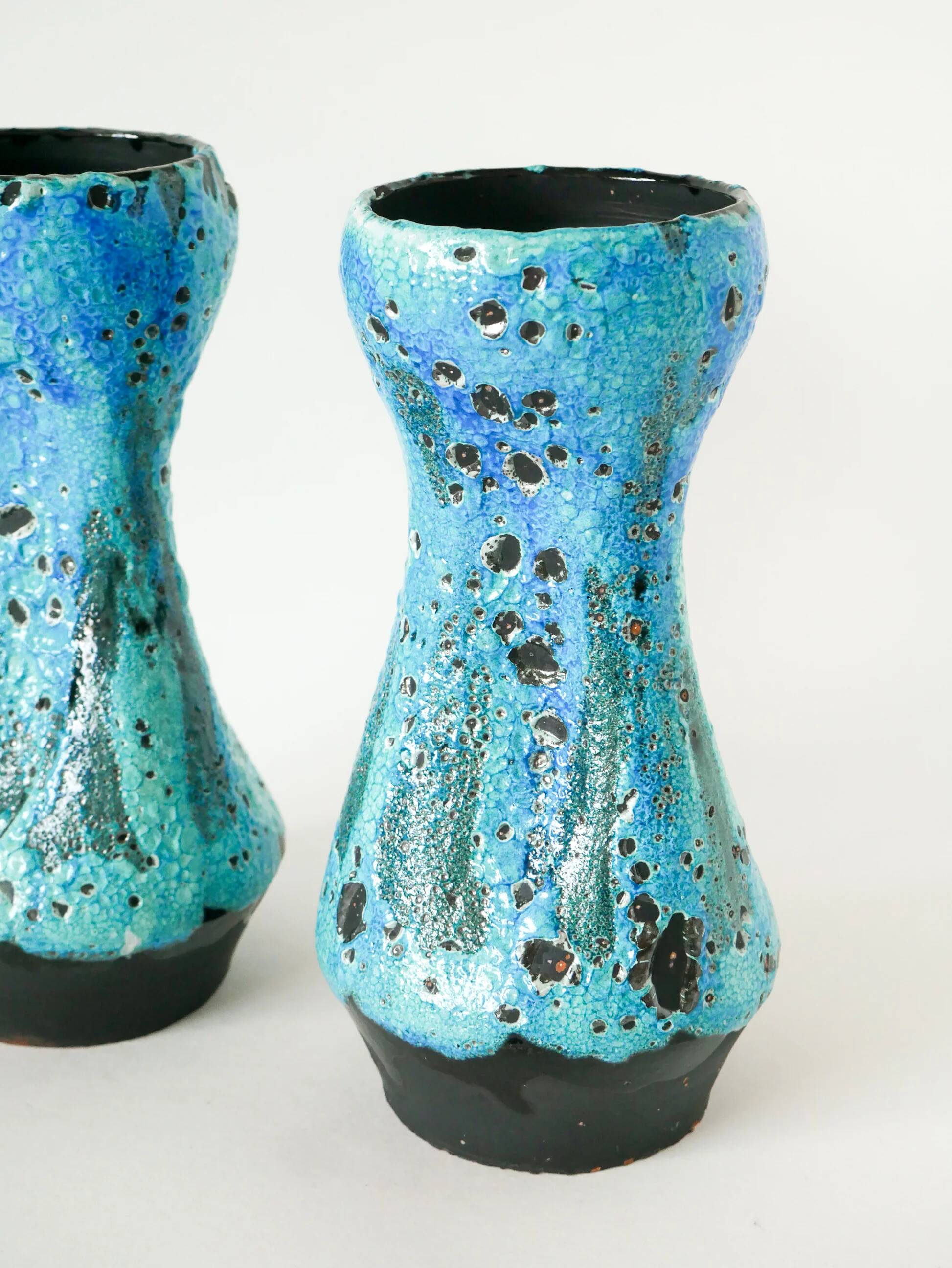 Pair of large Fat Lava vases, sky blue and black, 1970.