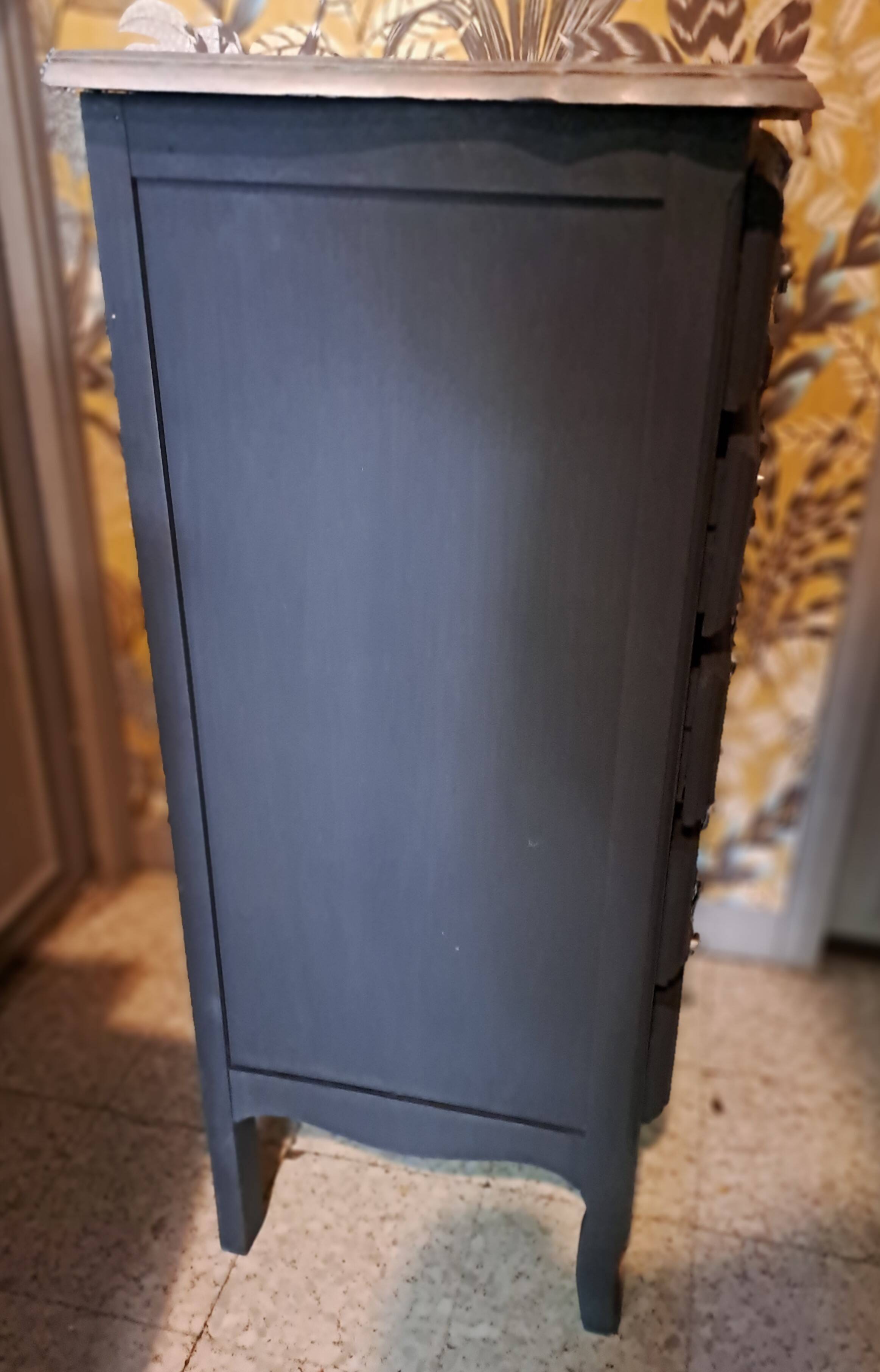 Black and grey painted wooden chest of drawers from France 1950 with 5 drawers