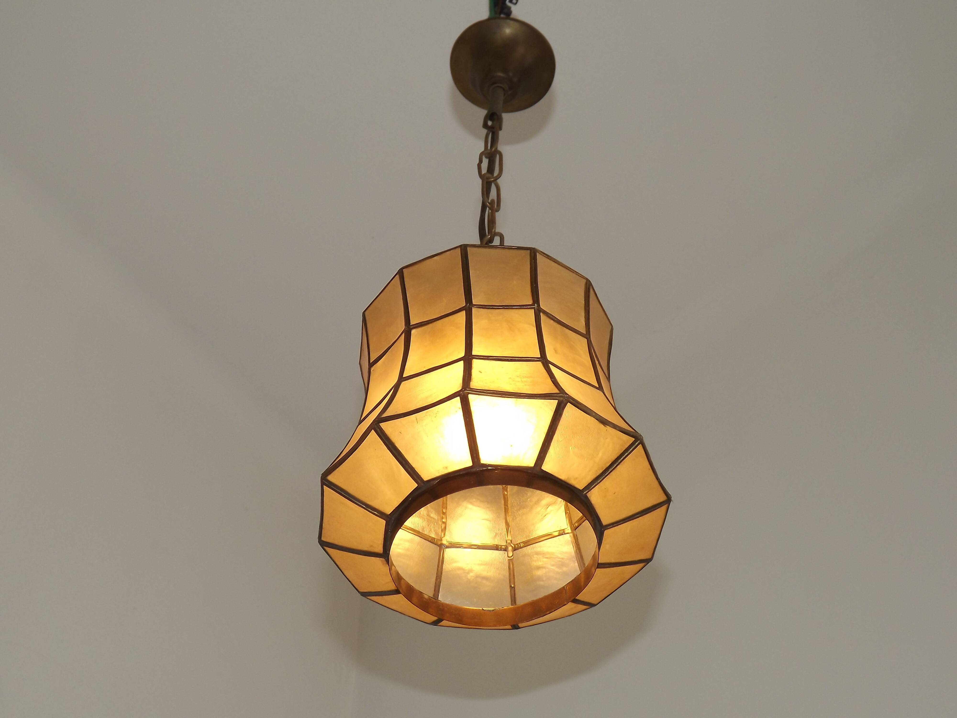 French Vintage Capiz Shell Hanging Pendant Light in Brass Metal and Copper