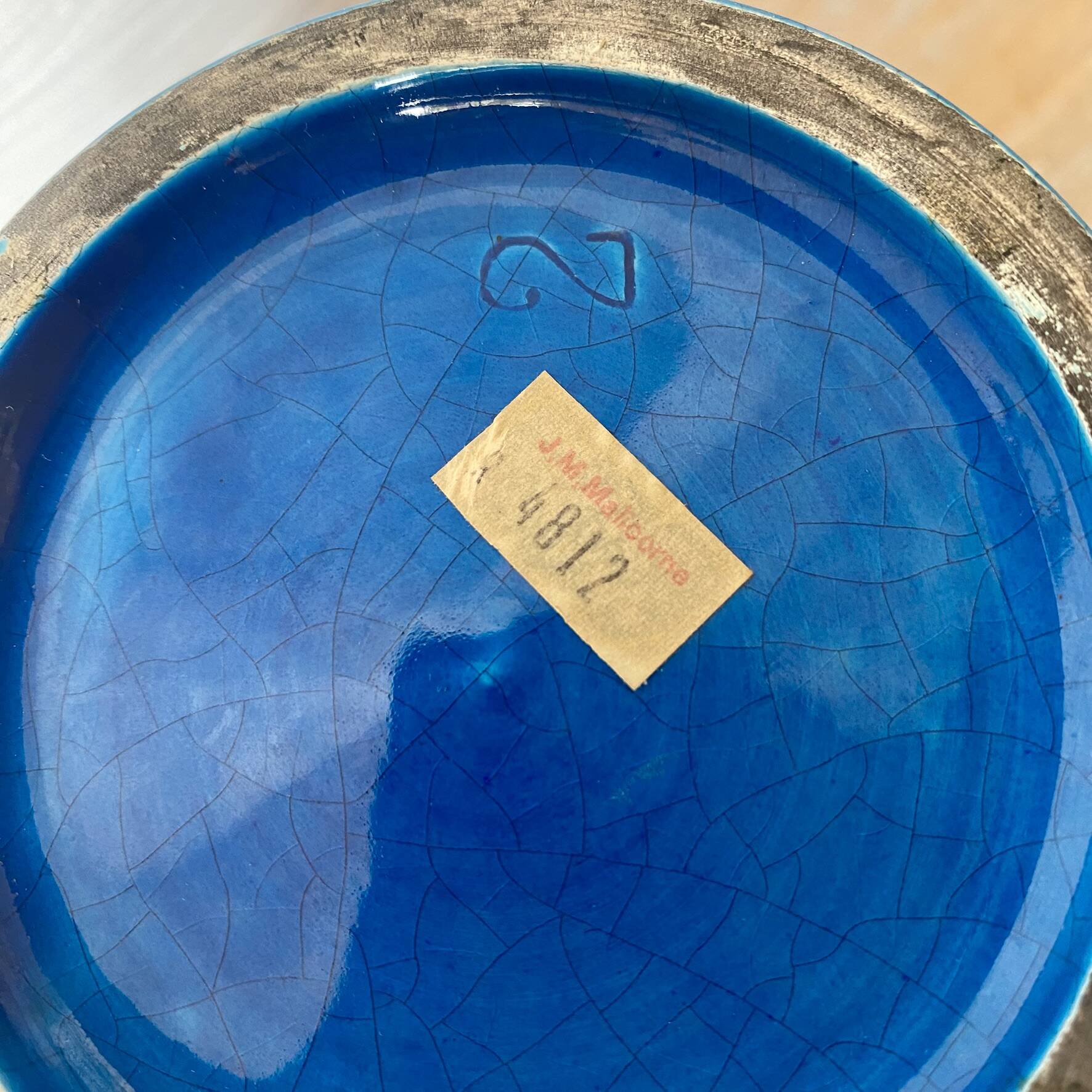 Bonbonnière , soupière en faïence de Malicorne,  céramique bleue craquelé