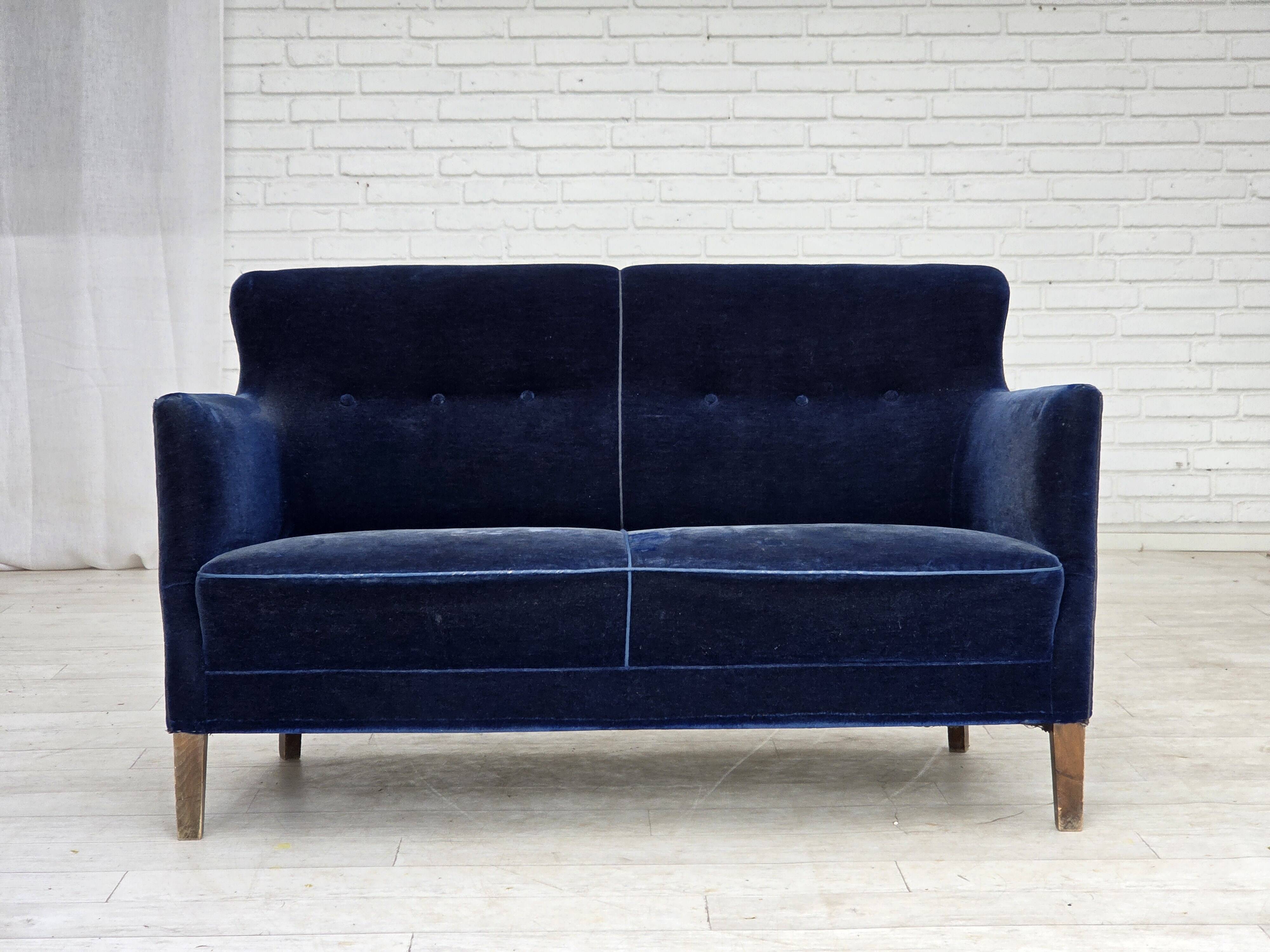 1960s, Danish 2-seater sofa. dark blue furniture velour.