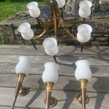 Bronze and brass chandelier set with 6 opalines + 3 appliques