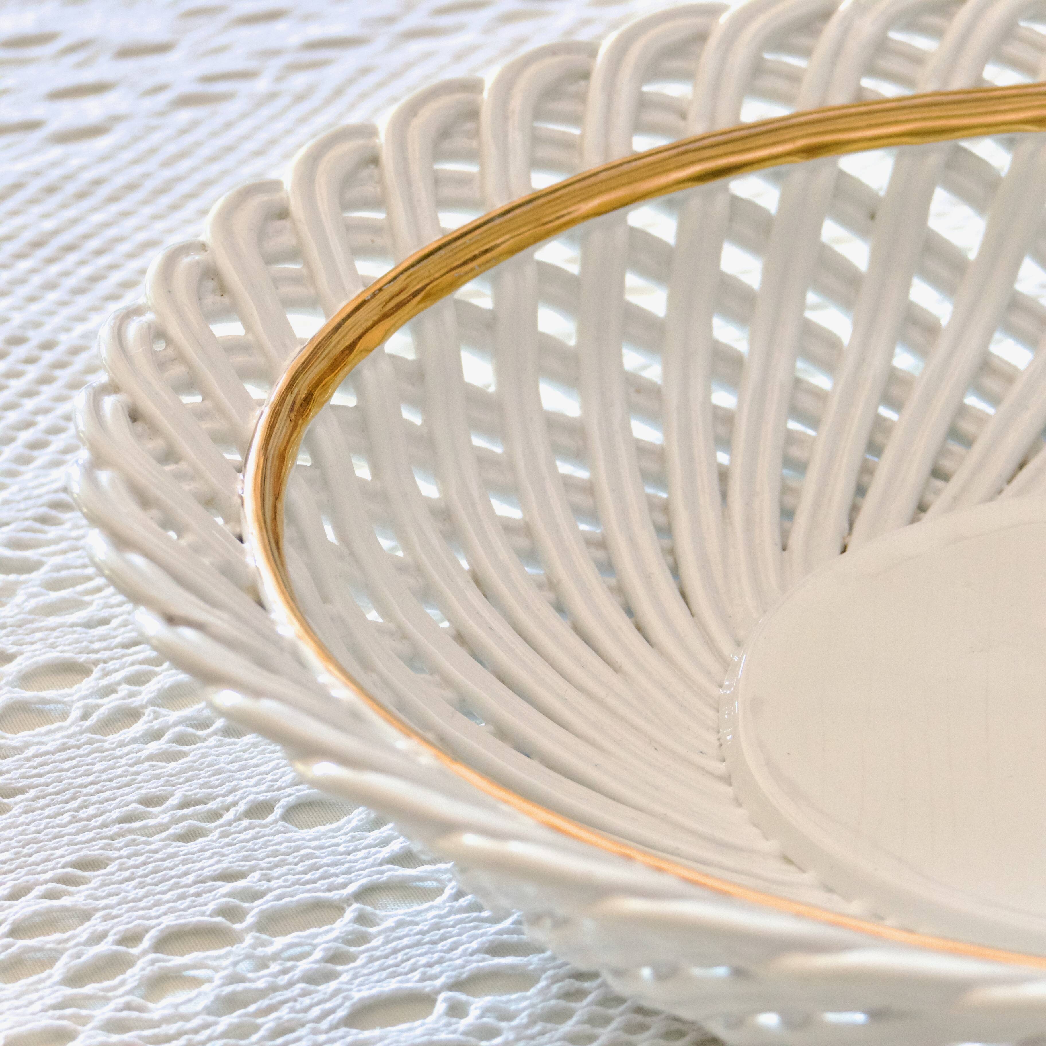 Huge antique Bassano bowl in openwork braided majolica