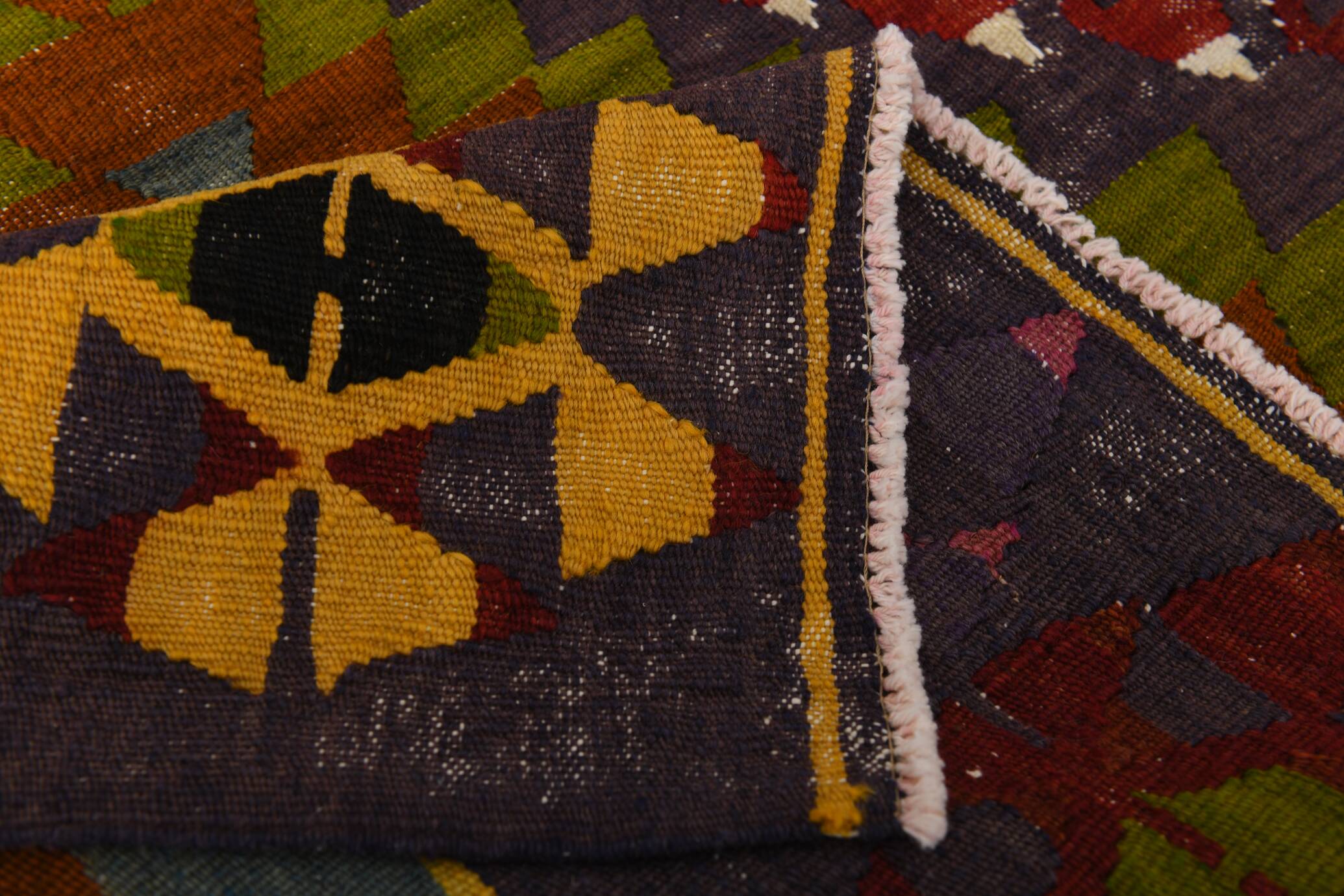 Geometric Pattern Burgundy  Turkish Vintage Kilim Rug, 188x338 Cm