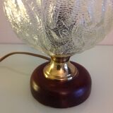 Structured glass bedside lamp and wooden foot / vintage 60s-70s