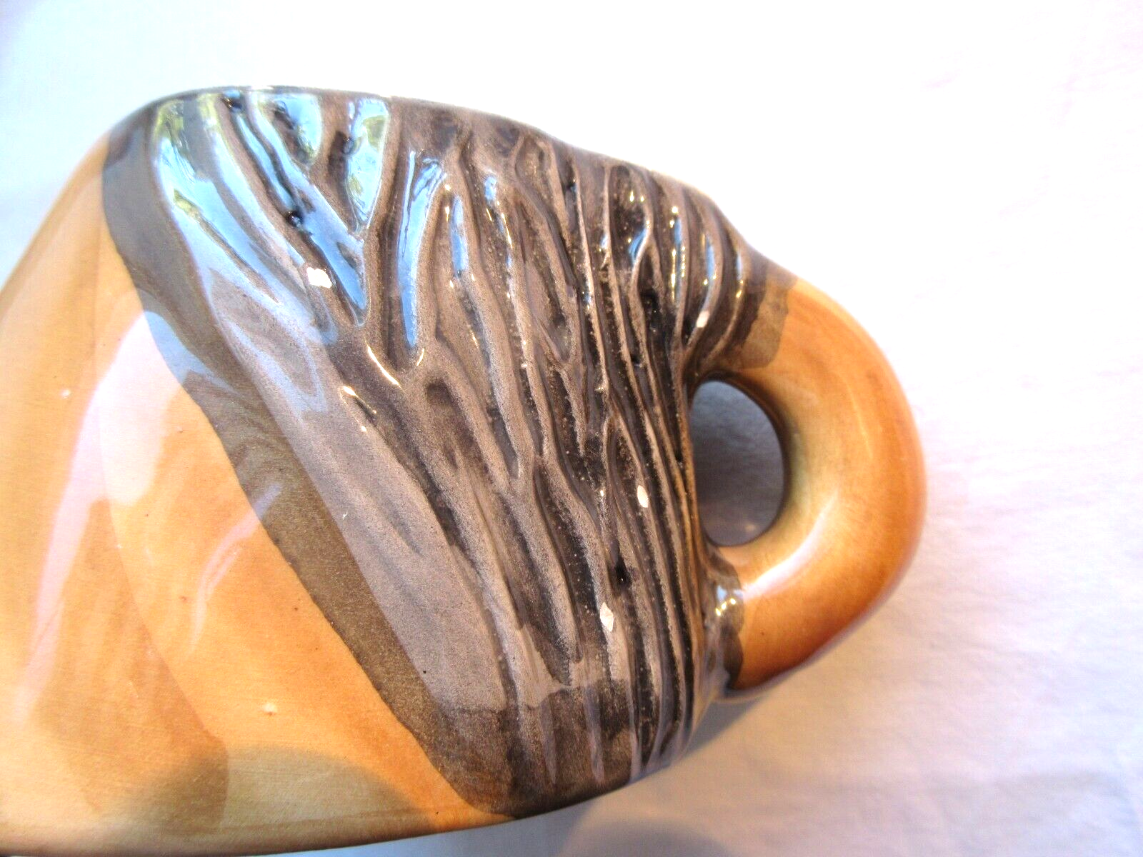 2 lunches decorated in faux wood style, cups + saucers, signed VALLAURIS