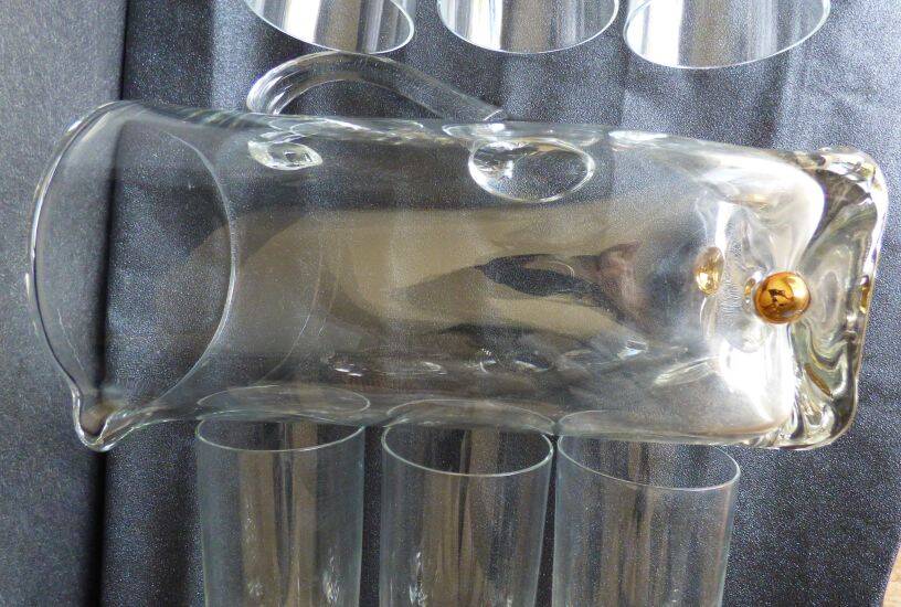 Vintage orangeade service with a jug and 6 glasses decorated with golden beads.