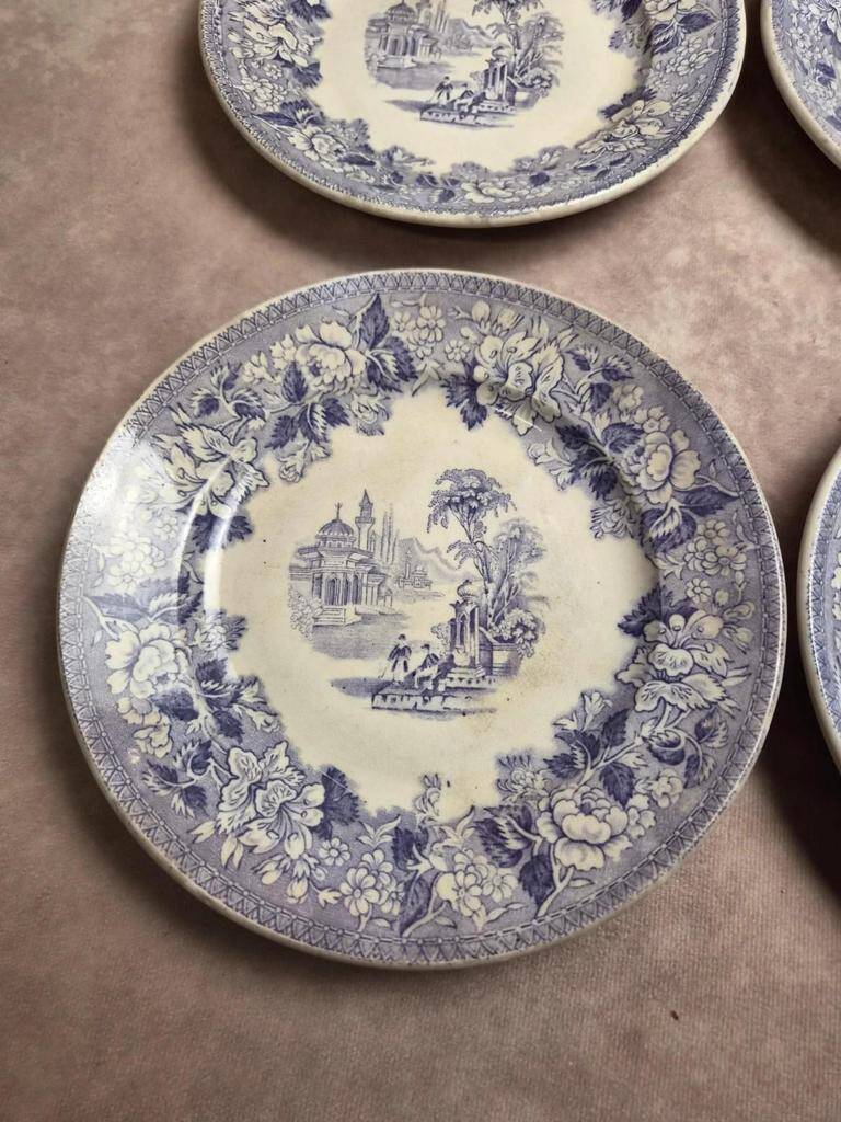 Set of 8 antique English dessert plates by J. Marshall & Co Bosphorus purple earthenware 19th century.