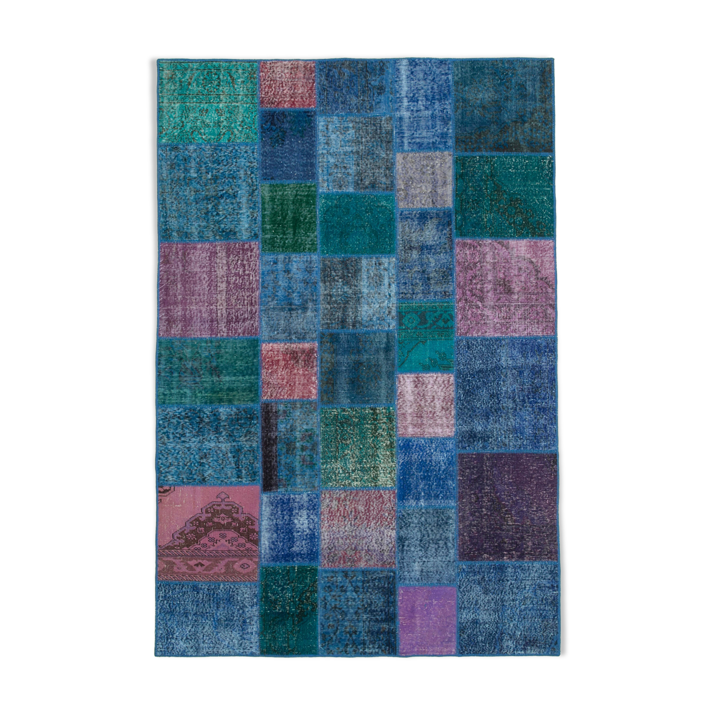 Tapis oriental contemporain 203 cm x 300 cm bleu patchwork fait à la main