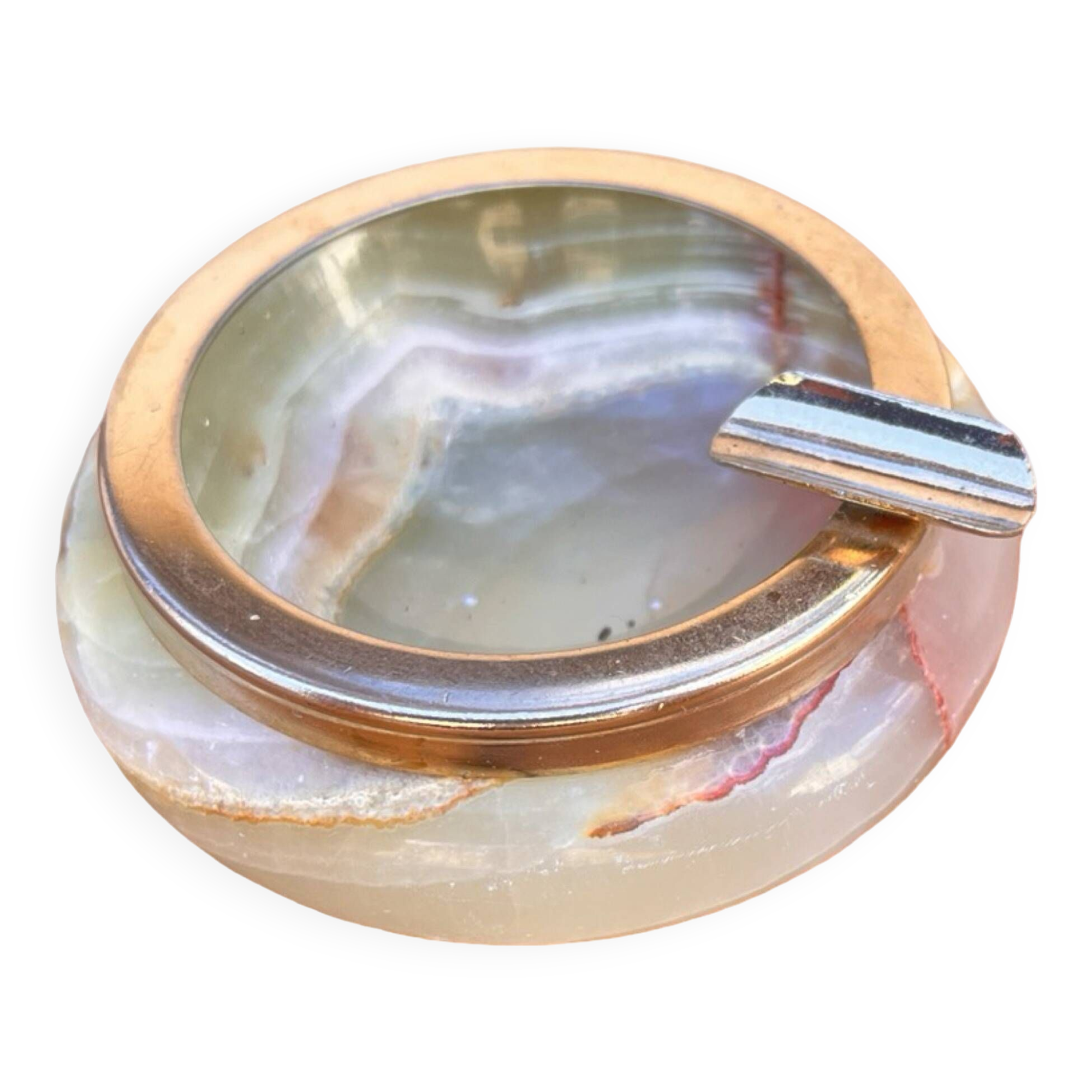 Small alabaster ashtray with brass fittings, Italy, 1970s.
