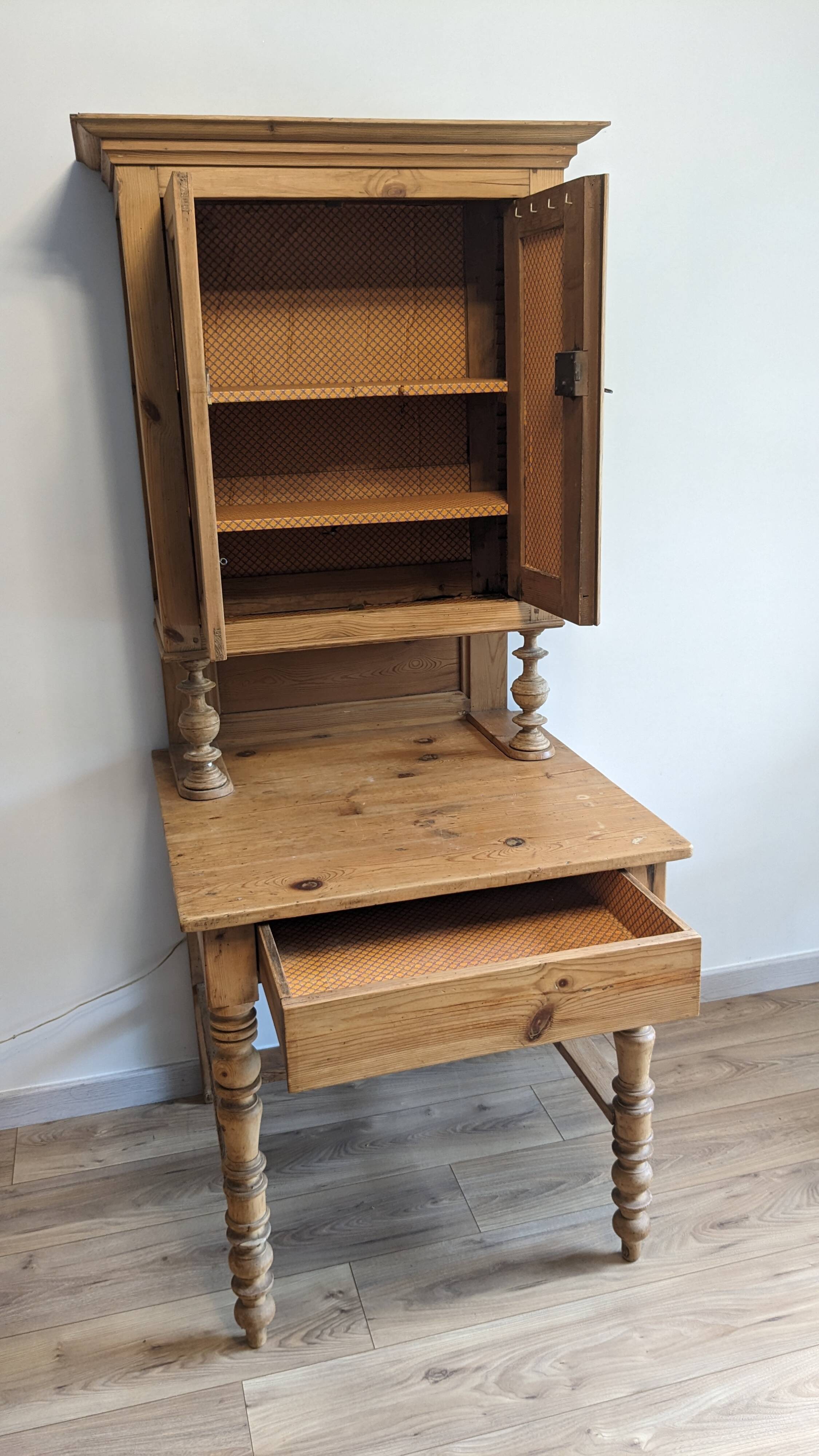 Former campaign secretary's desk in solid pine with a high cupboard.