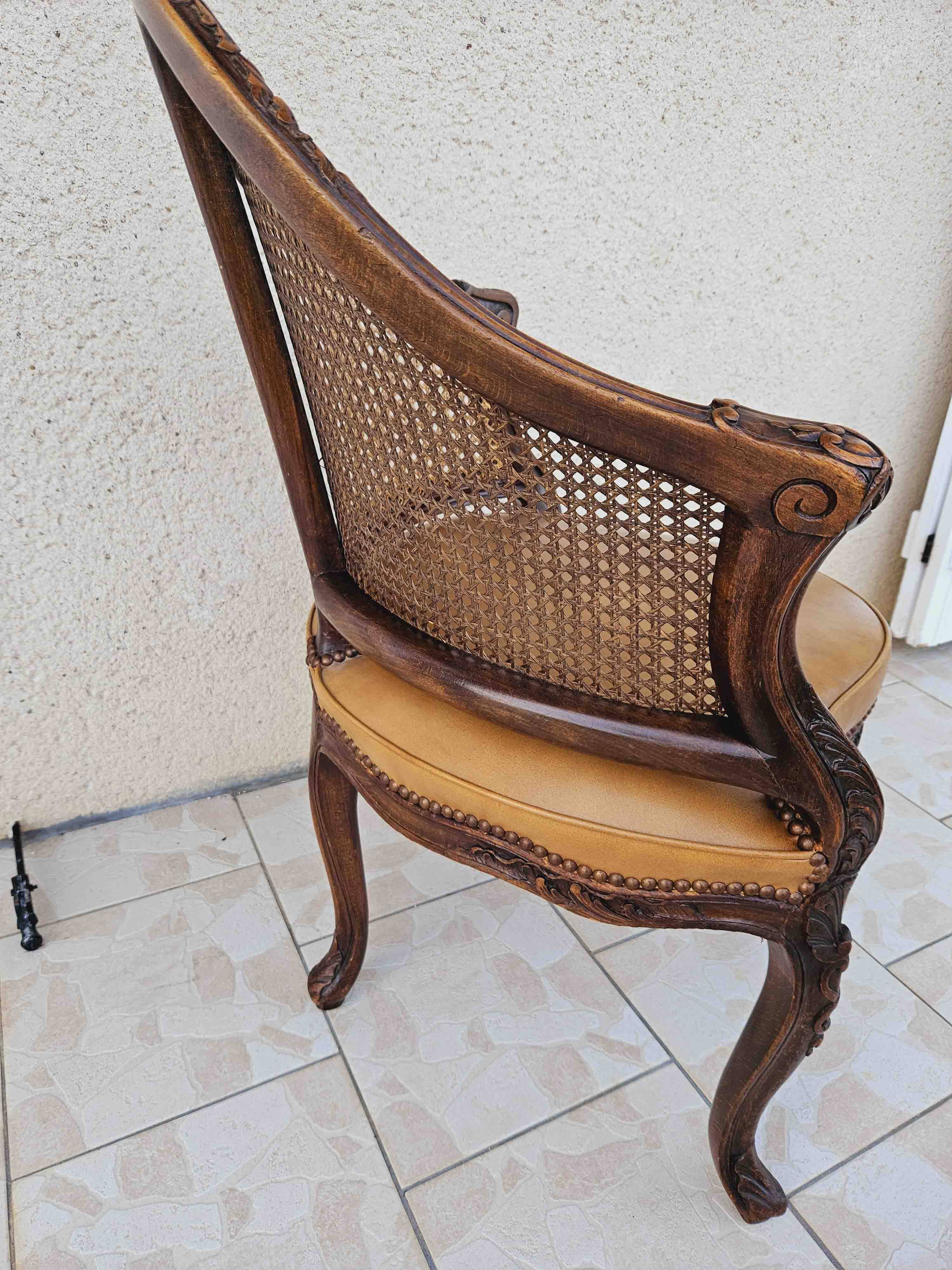 Louis xv office armchair, carved, cane, leather trimmed