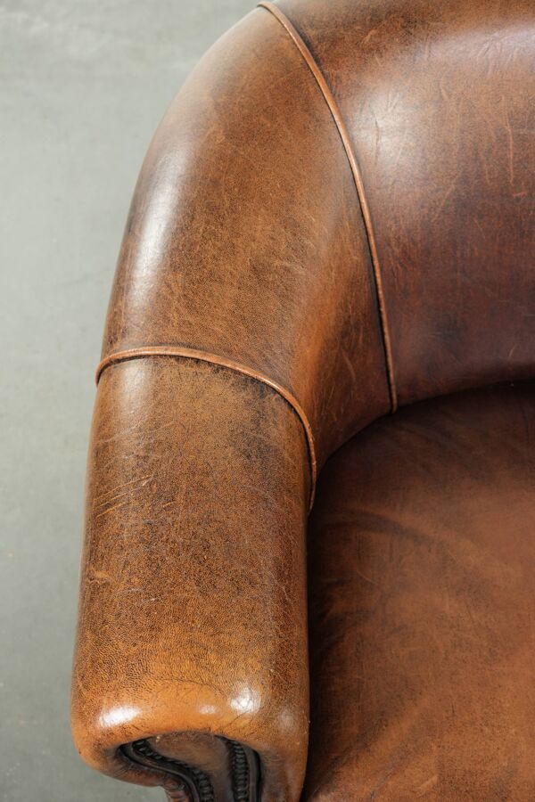 Fauteuil club en cuir de peau de mouton avec un coussin de siège fixe.