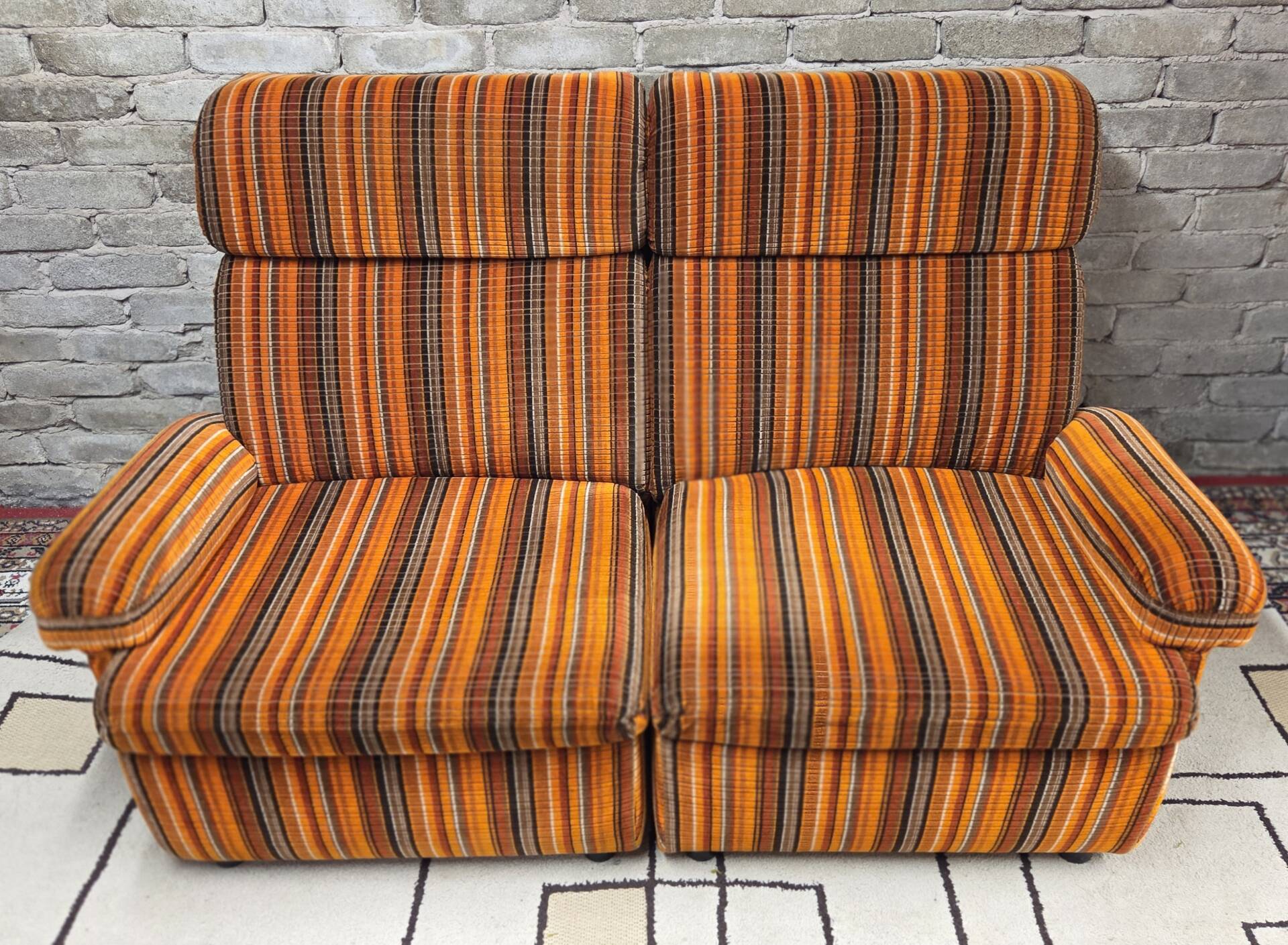Pair of vintage 1970s modular armchairs – striped orange fabric