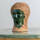 Vintage ceramic vase from the 1980s, sculptural head shape with a green glazed face, terracotta art object.