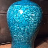Vase grès émaillé bleu turquoise décor floral