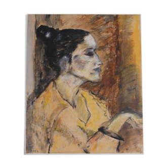 Peinture de Nicole Clarence "Profil de femme" huile sur papier marouflée sur toile