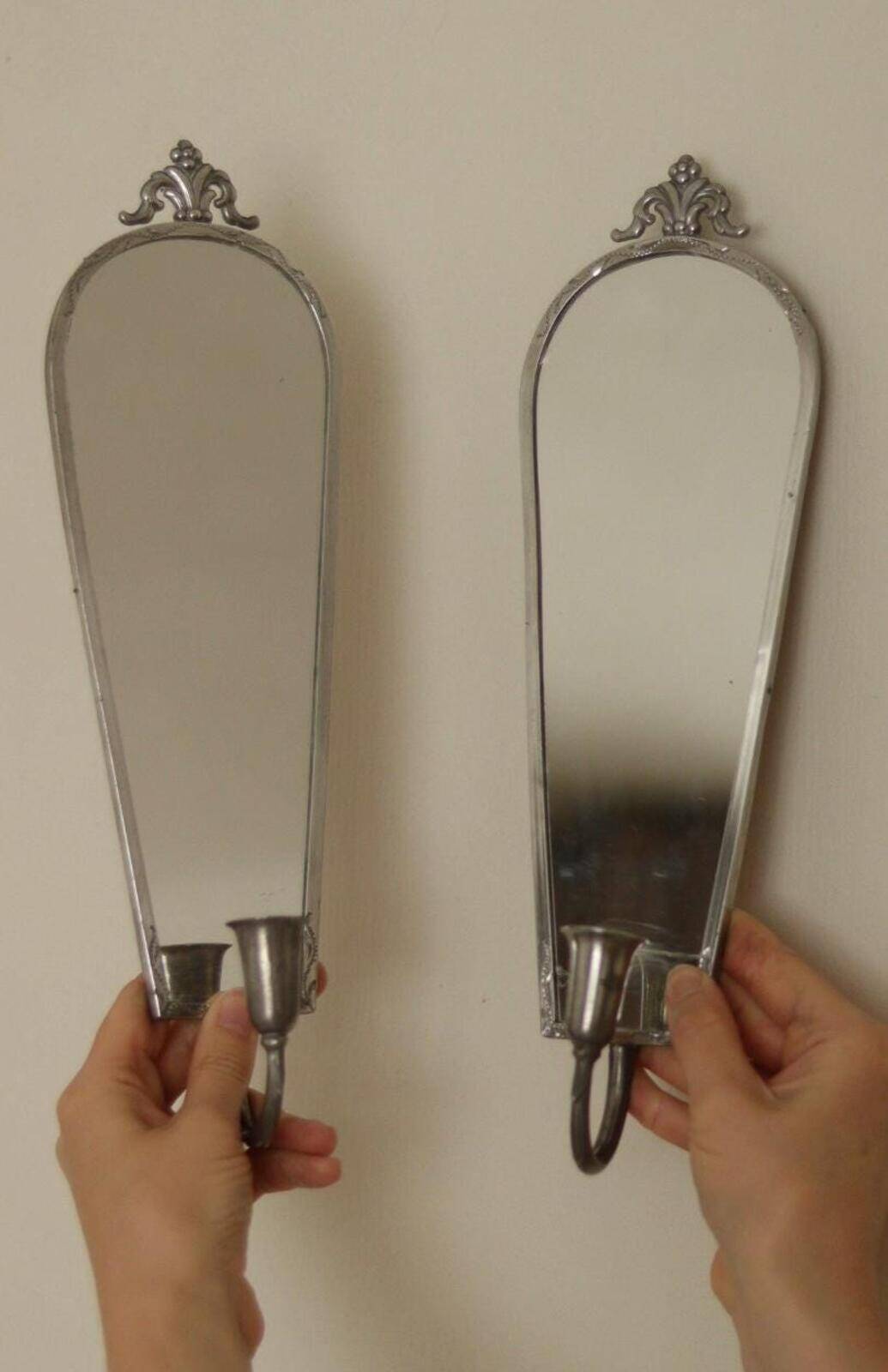 Pair Of Mid Century Swedish Pewter Sconces With Mirror By Svenskt Tenn