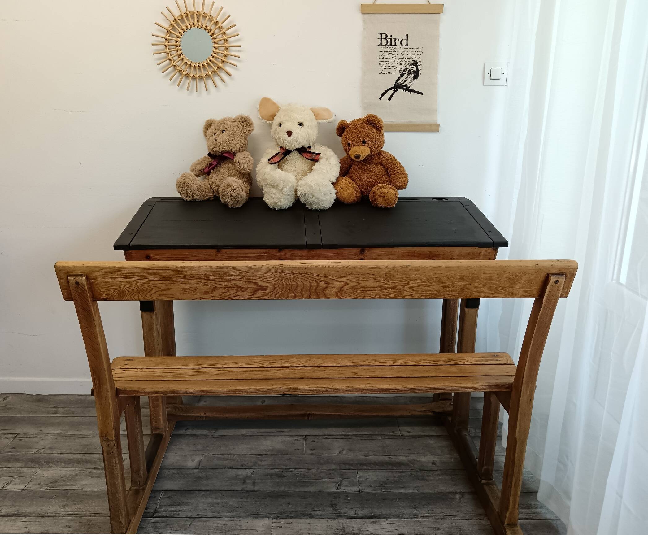 Double school desk in wood and black