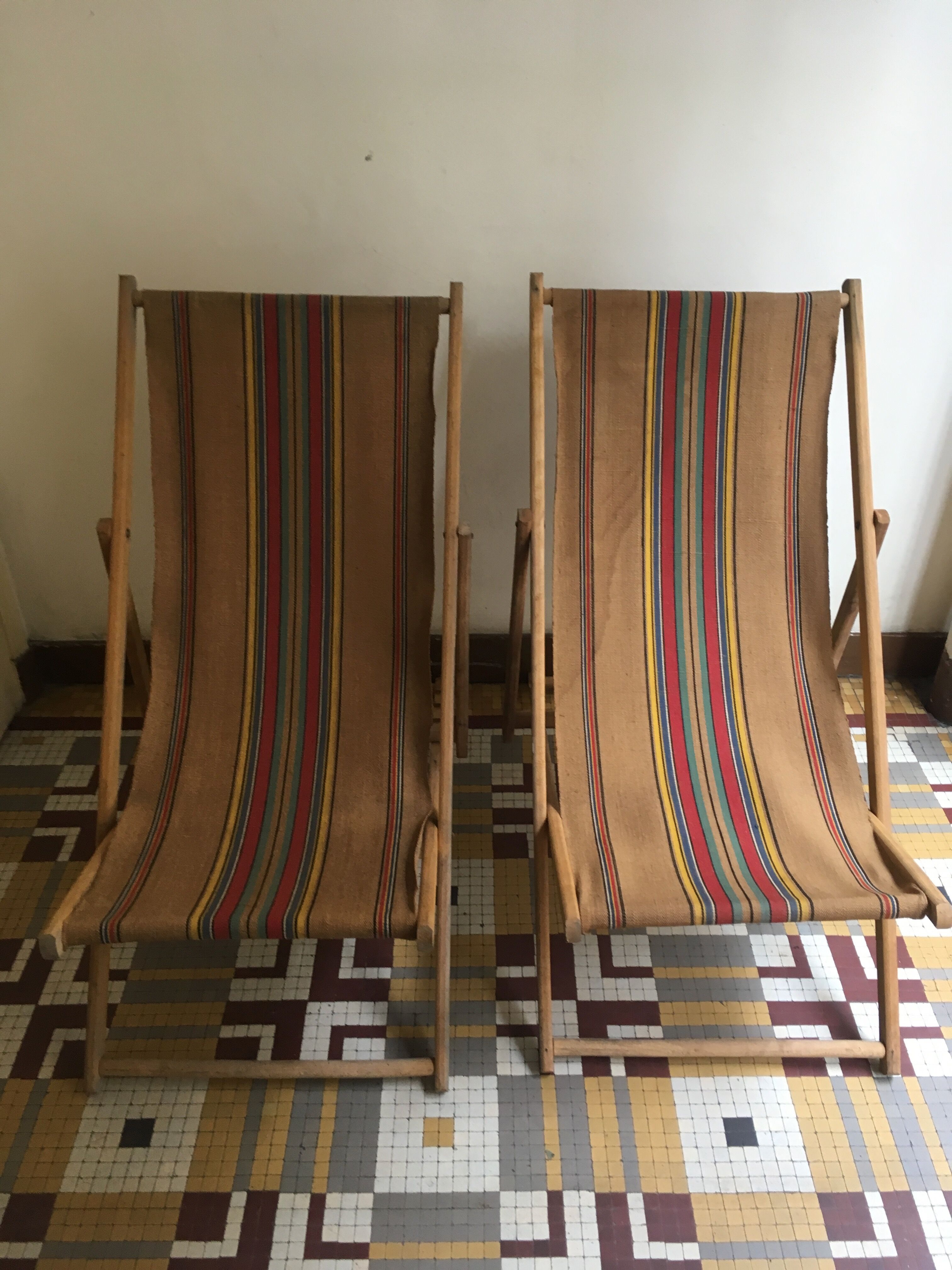 Paire de transats fin 1950 en toile de jute d'origine
