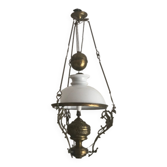 Old brass and opaline chandelier