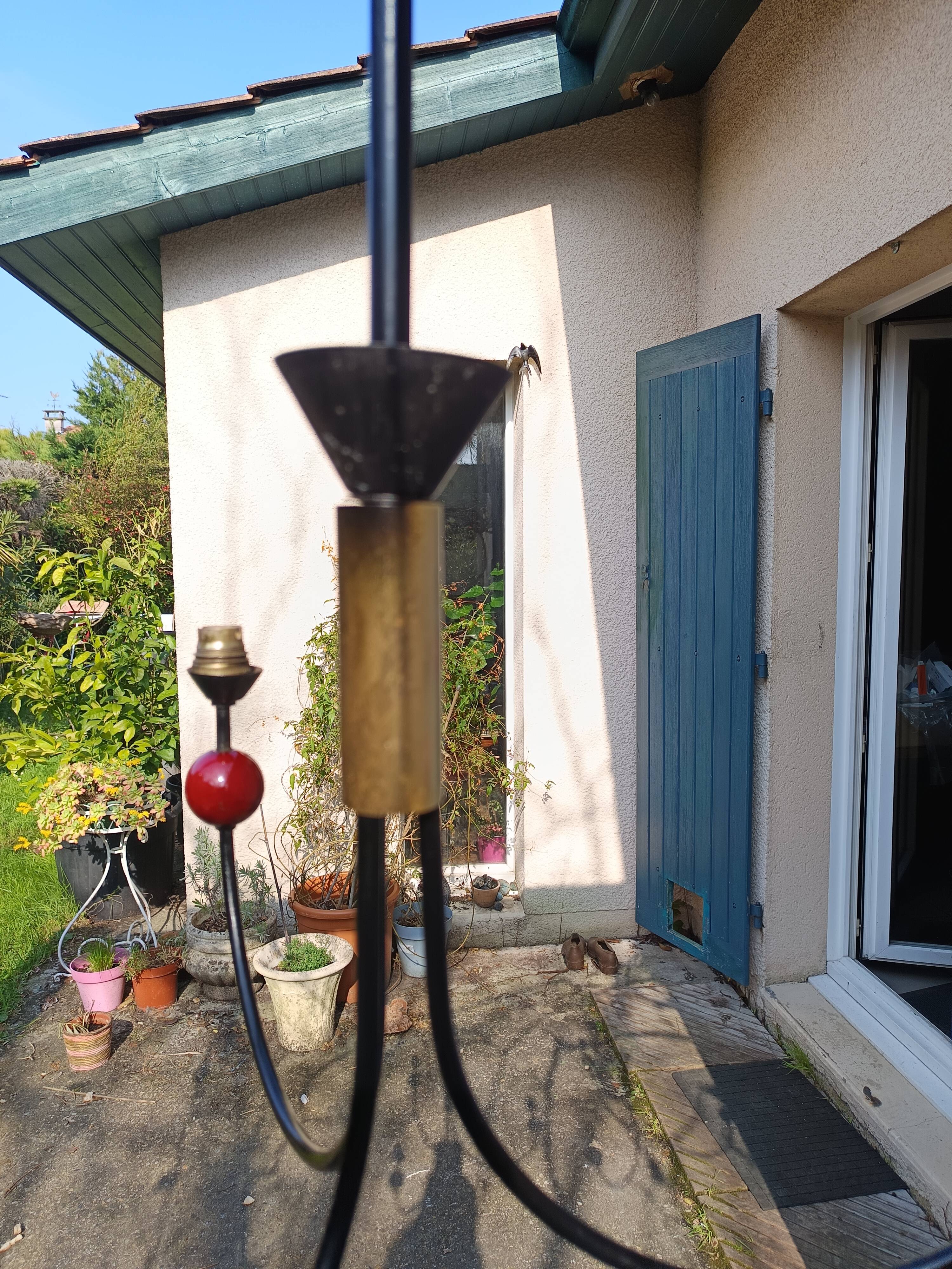 pair of vintage black metal chandeliers with red balls 1950/1970