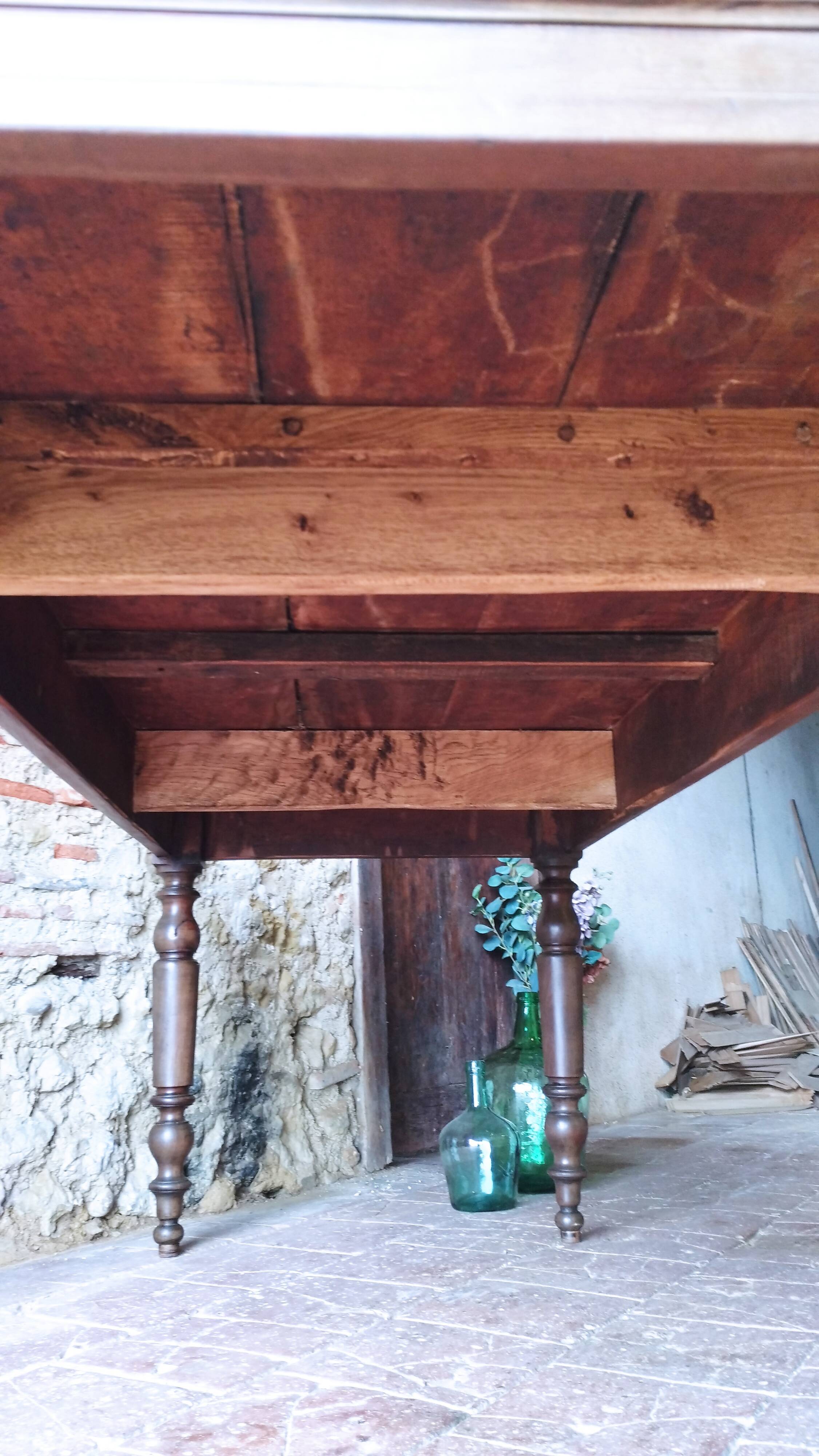 Old French farmhouse table in walnut, turned legs, waxed finish