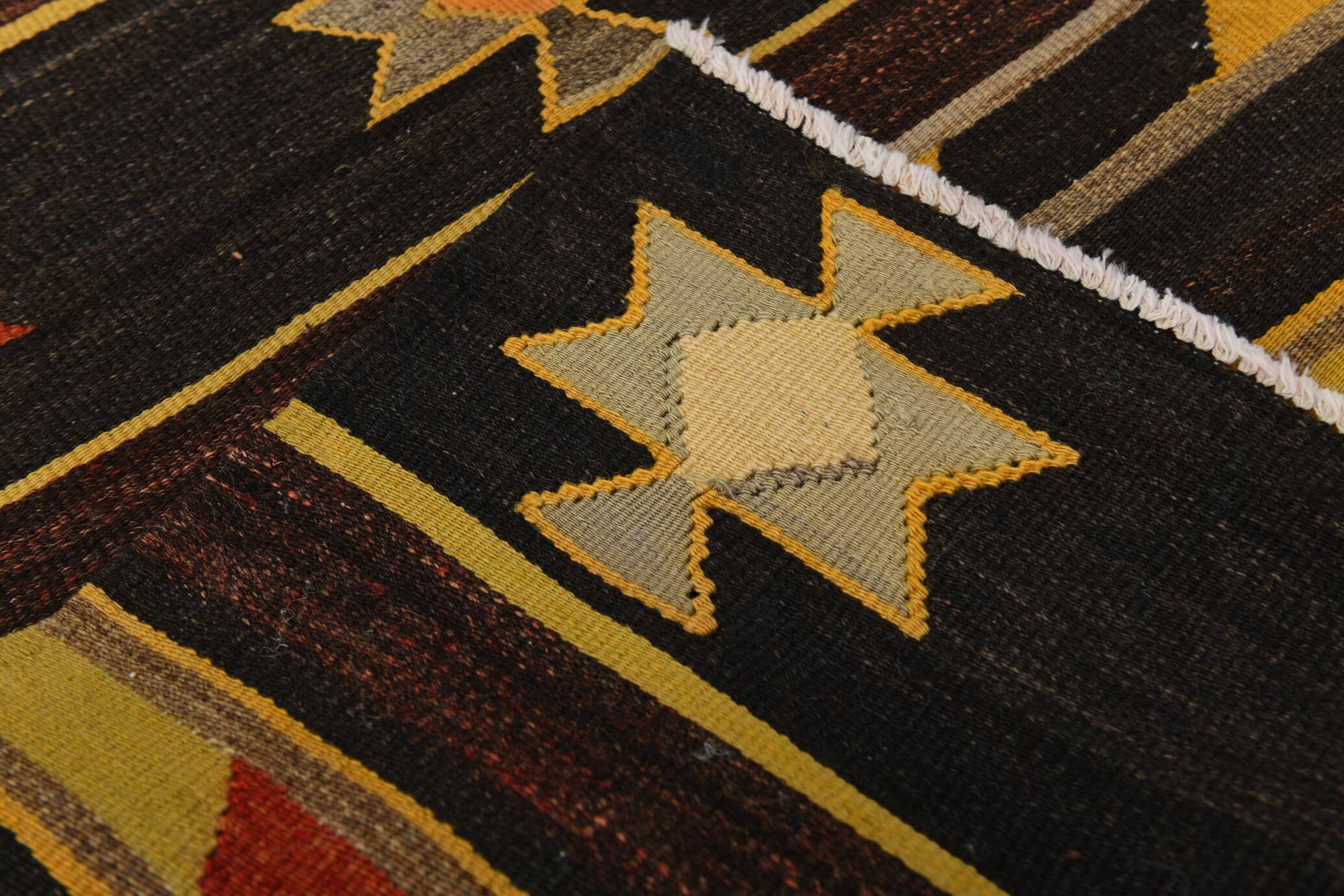 6x10 Dark Brown & Yellow Striped Handmade Wool Kilim Rug, 170x312 Cm