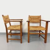 Set of 2 vintage brutalist armchairs in oak wood and straw