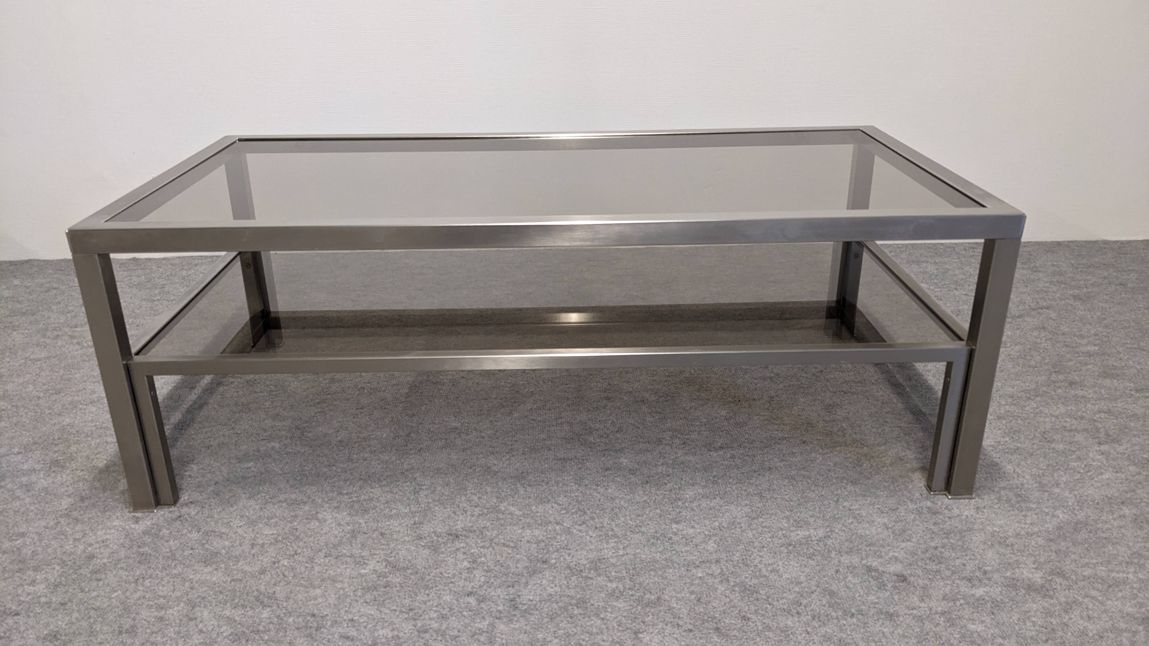 Table basse à 2 plateaux en inox brossé et verre fumé, France vers 1970