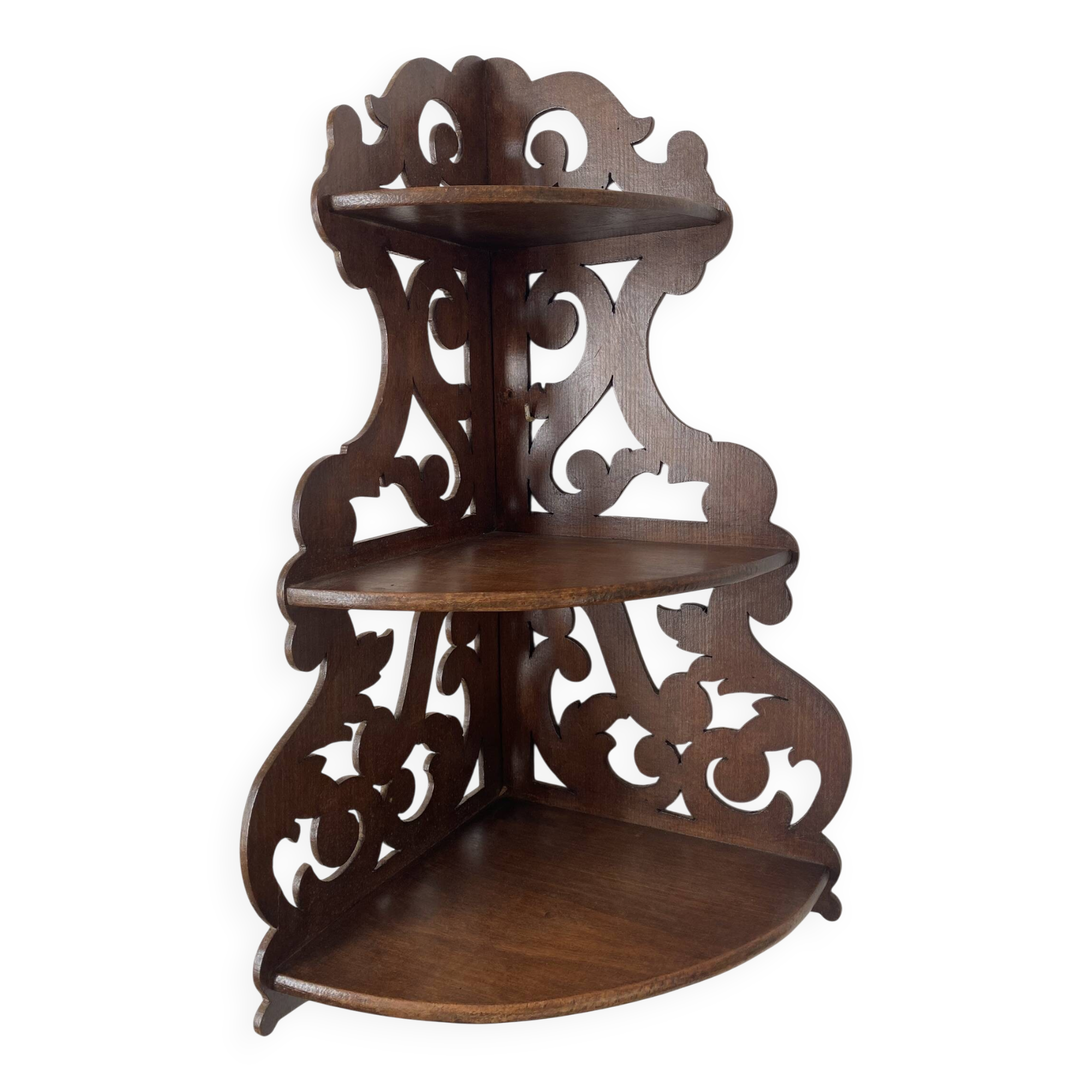 antique corner shelf in openwork wood with 3 shelves