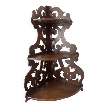 antique corner shelf in openwork wood with 3 shelves