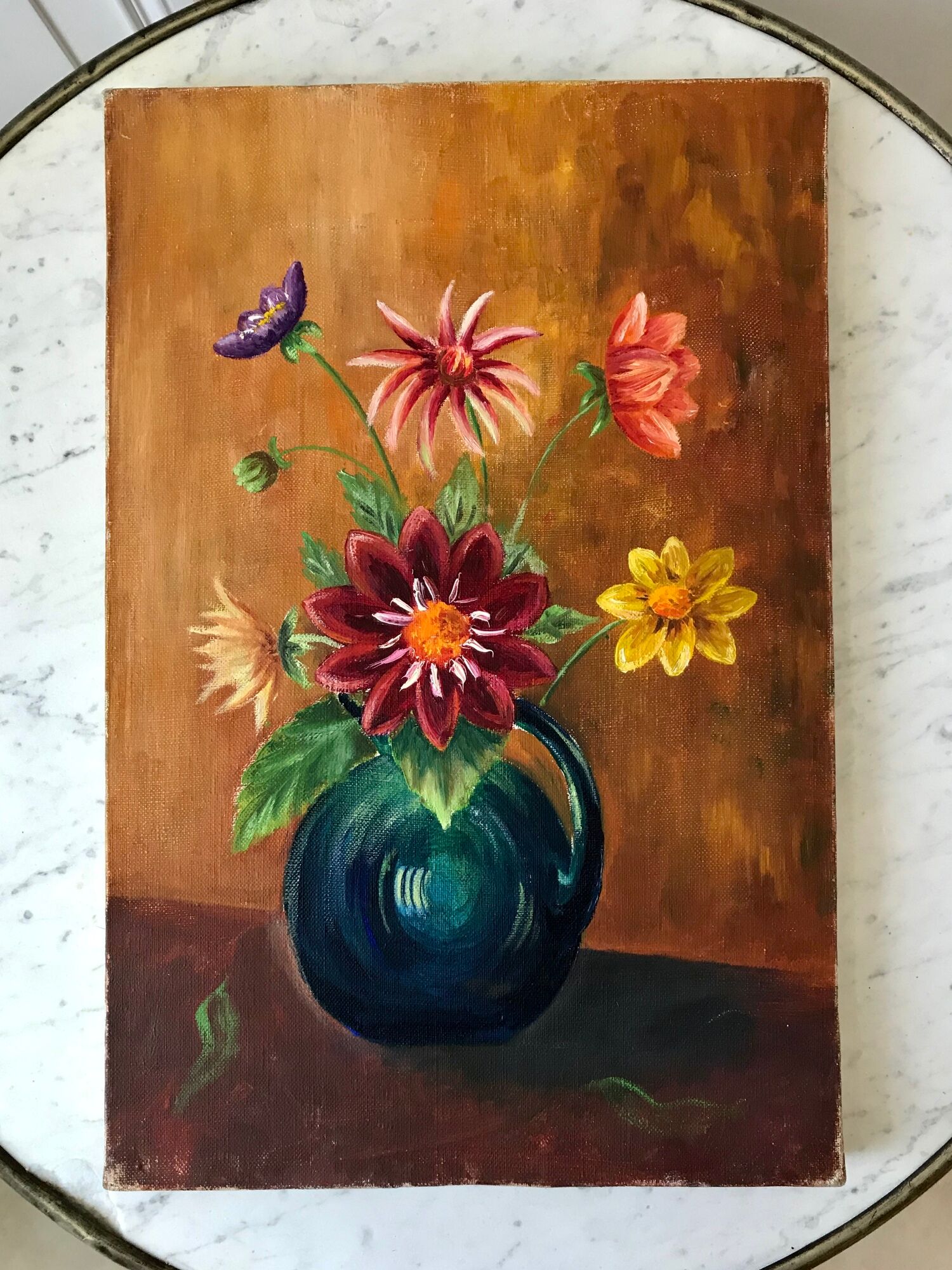 Old oil on canvas painting bouquet of vintage flowers