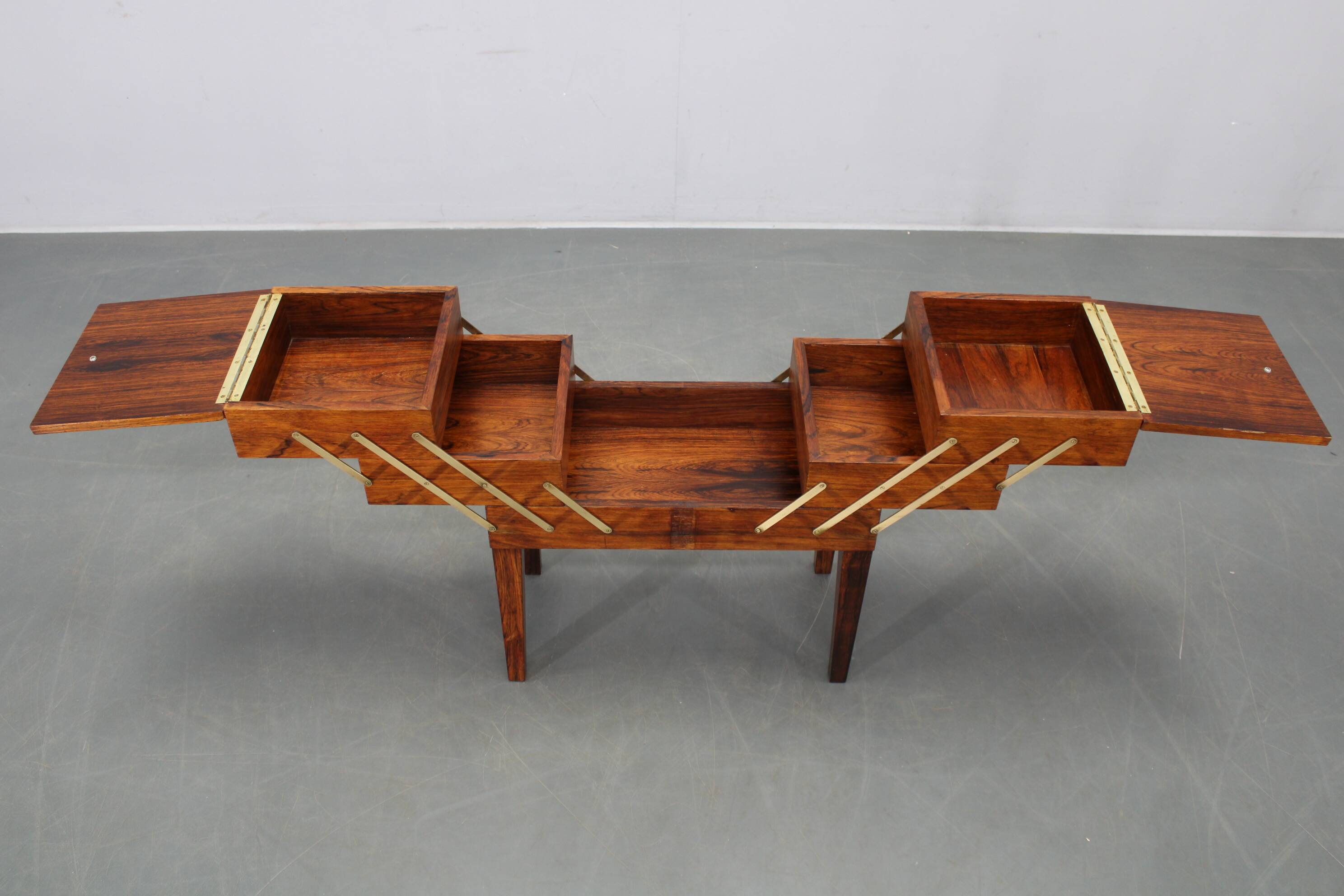 Danish mid-century unfolding sewing box in wood and brass, 1960s