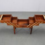 Danish mid-century unfolding sewing box in wood and brass, 1960s