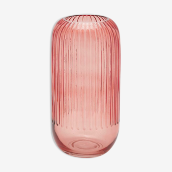 Pink glass vase with stripes 30cm