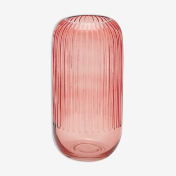 Vase en verre rose à rayures 30cm