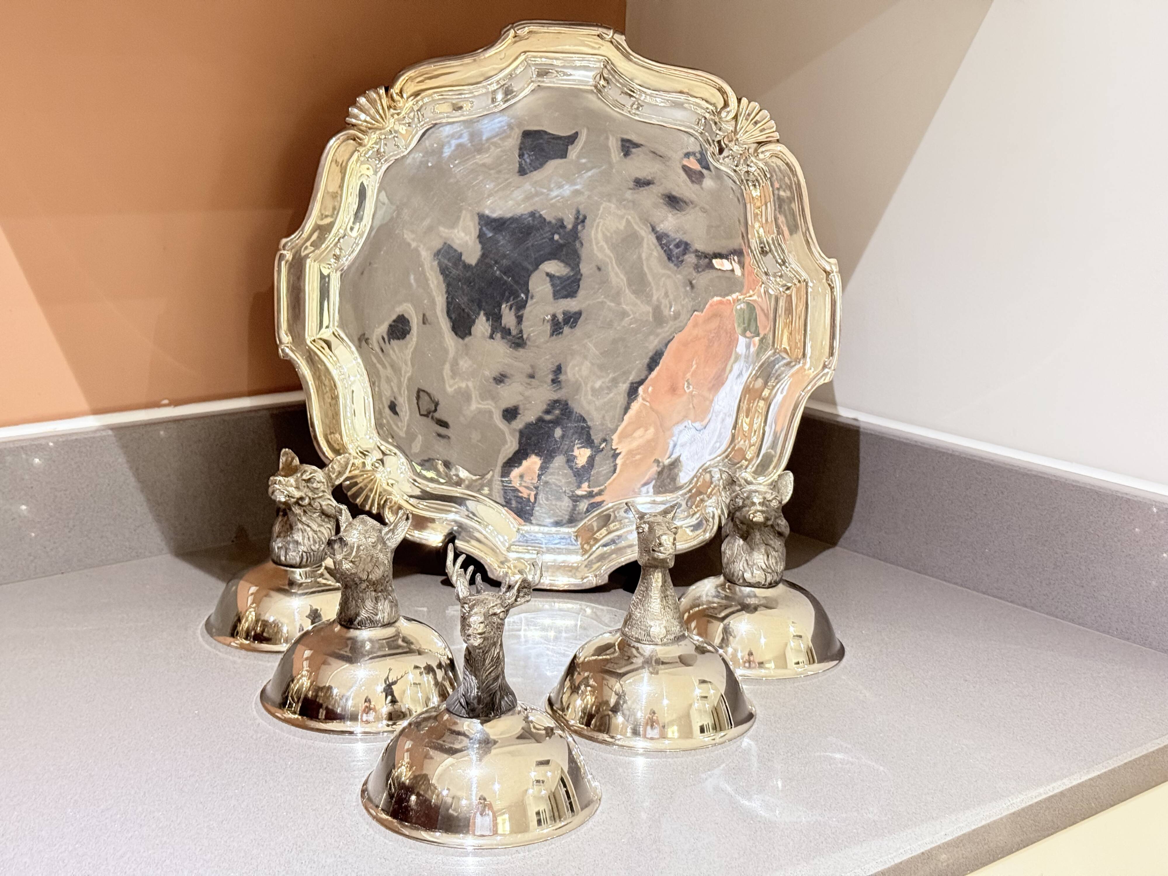 Italian Silver-Plated Animal Head Liqueur Cups with Matching Serving Tray Set 6