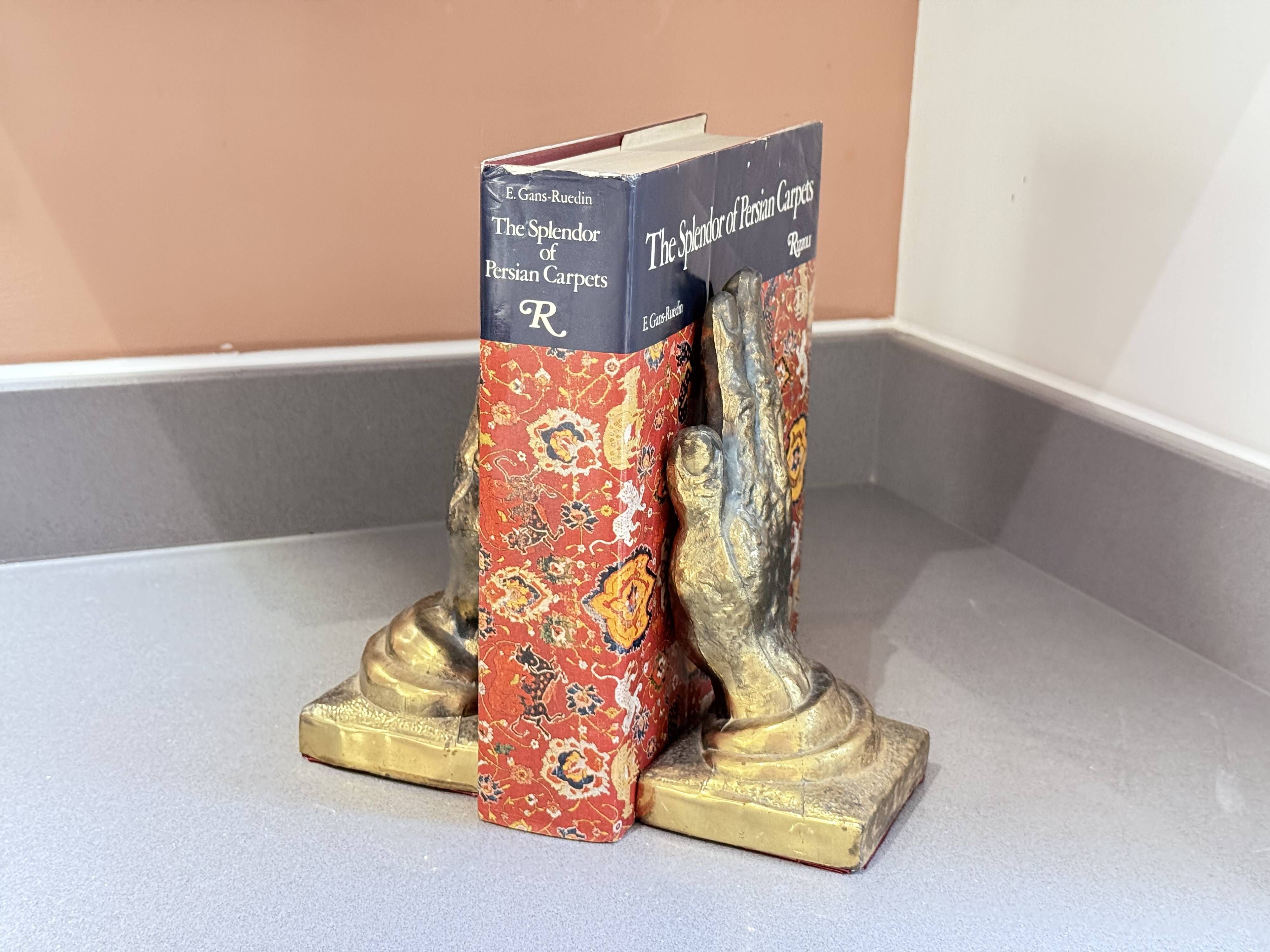 Vintage Gold-Tone Bookend Praying Hands Decorative Bronze Sculptural Book Holder
