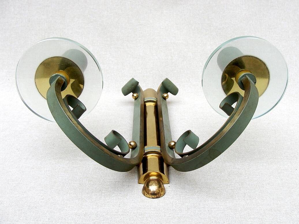 Pair of art deco lacquered metal, brass and glass wall lights