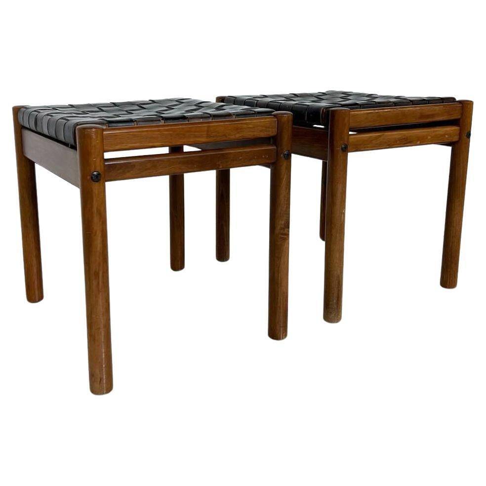 Mid-Century Modern Brown Leather and Wood Pair of Stools