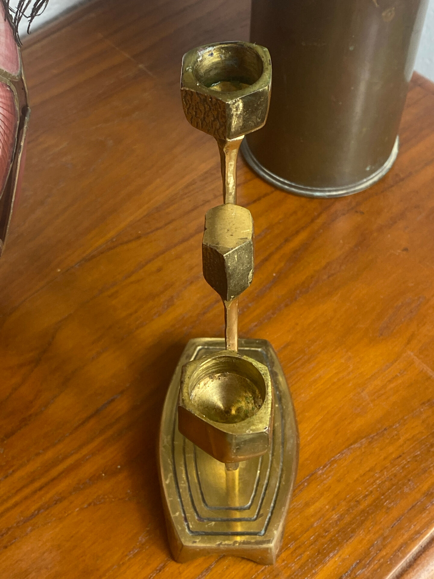 Chandelier, brutalist menorah, Wainberg, in brass.