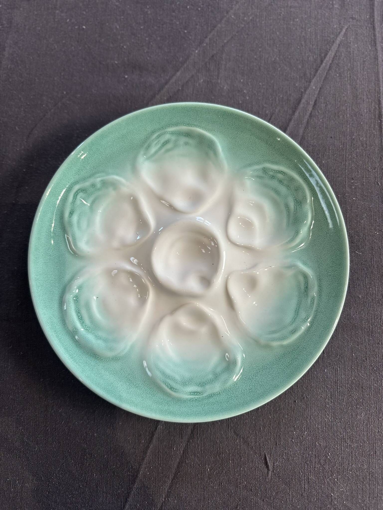Niderviller sea-green earthenware oyster plates, set of 10 + dish