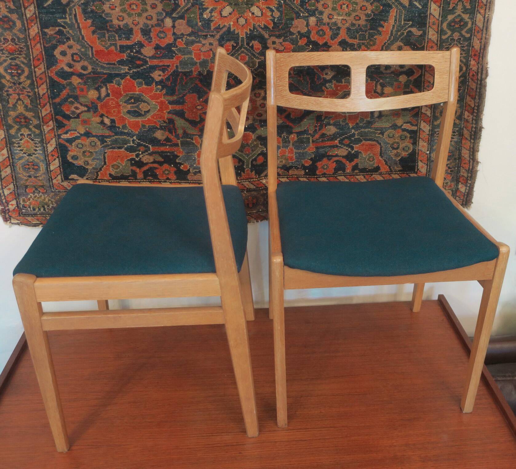 Set of Danish oak dining chairs with petrol blue covers, 1960s