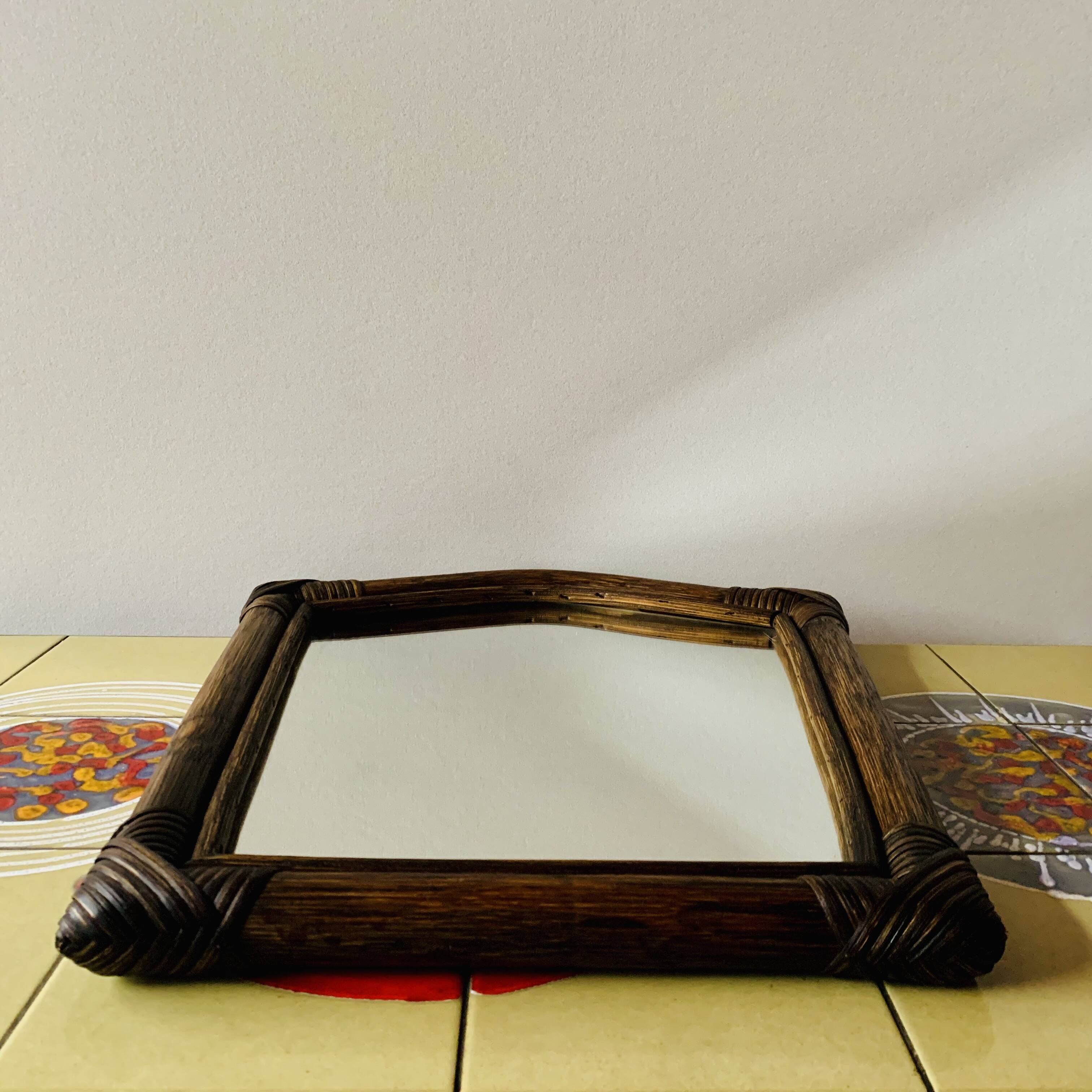 Vintage trapezoidal bamboo mirror