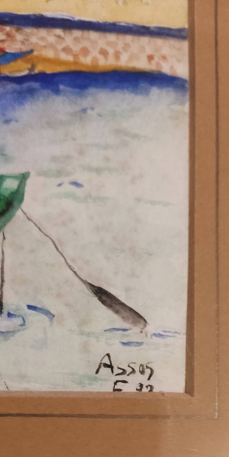 Marine painting on canvas fishing boats at the port