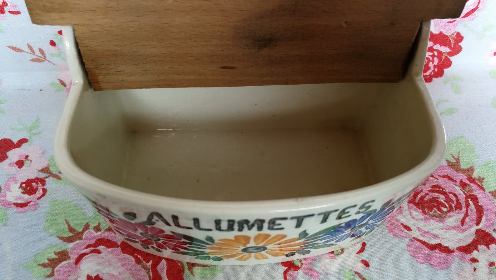 Ceramic matchbox and vintage antique wood dishes Creil Montereau HBCM