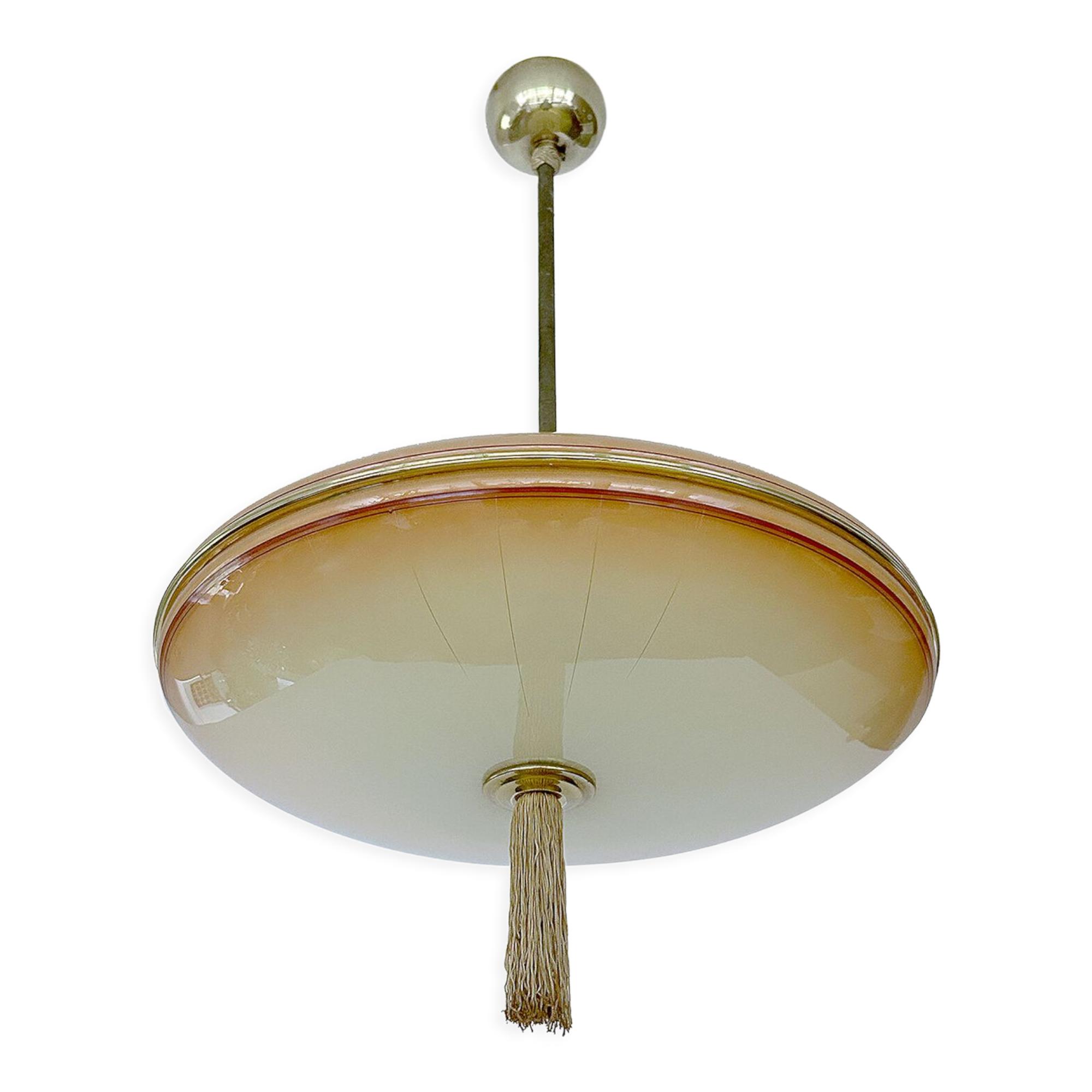 Vintage art deco pendant lamp, gradient glass, red beige, brass, 30 years