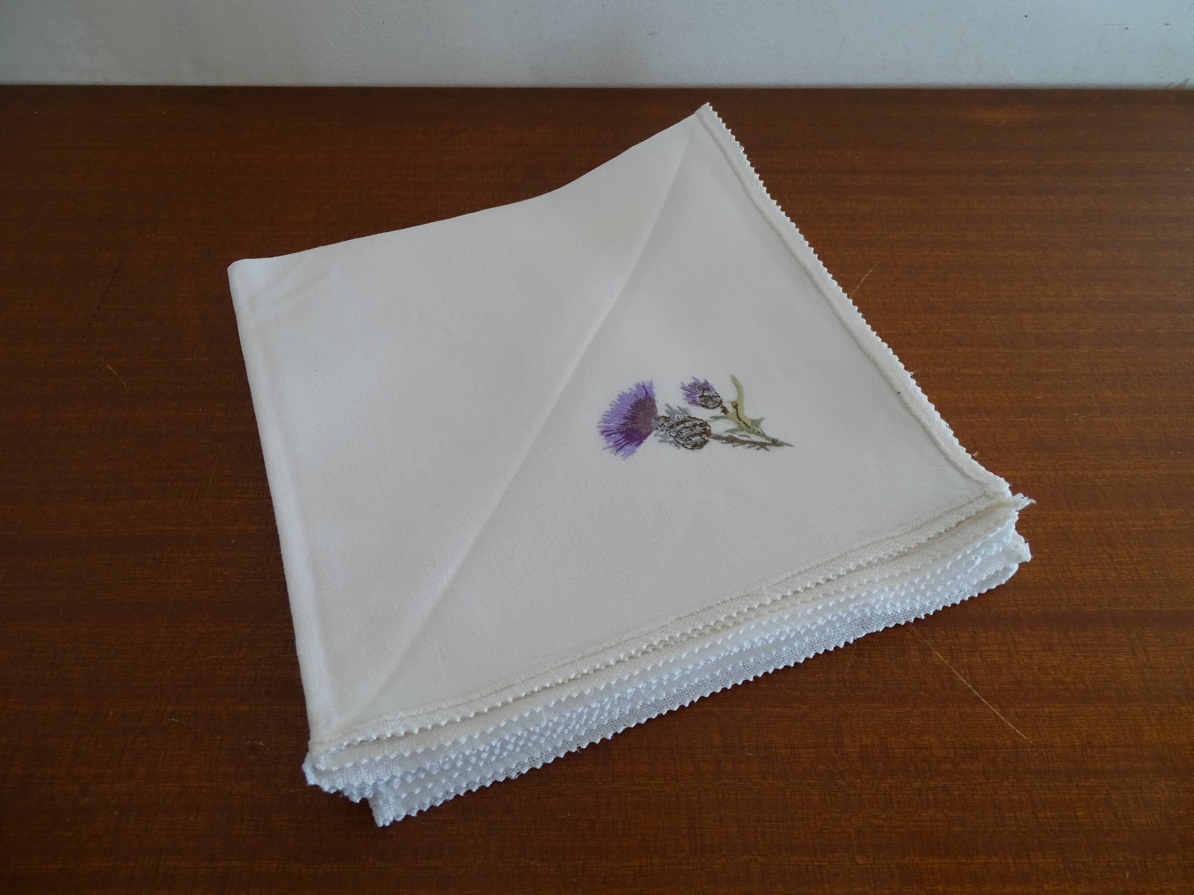 6 napkins embroidered old white cotton and flowers 43 x 43